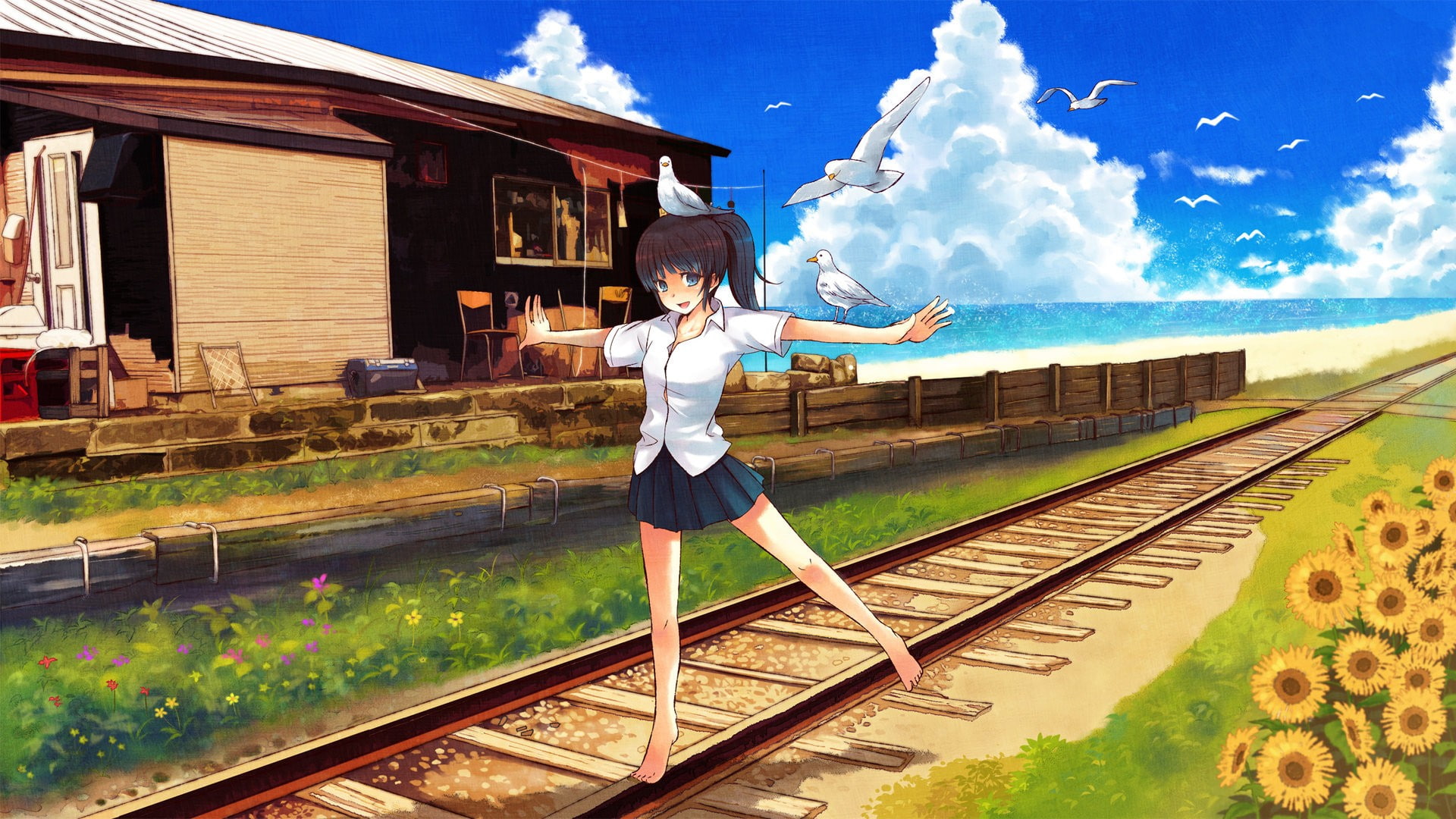 girls, seagulls, railroad, 1080P, railroad tracks, tracks, x, animals, anime, BIRDS, hd, art, HD Wallpaper