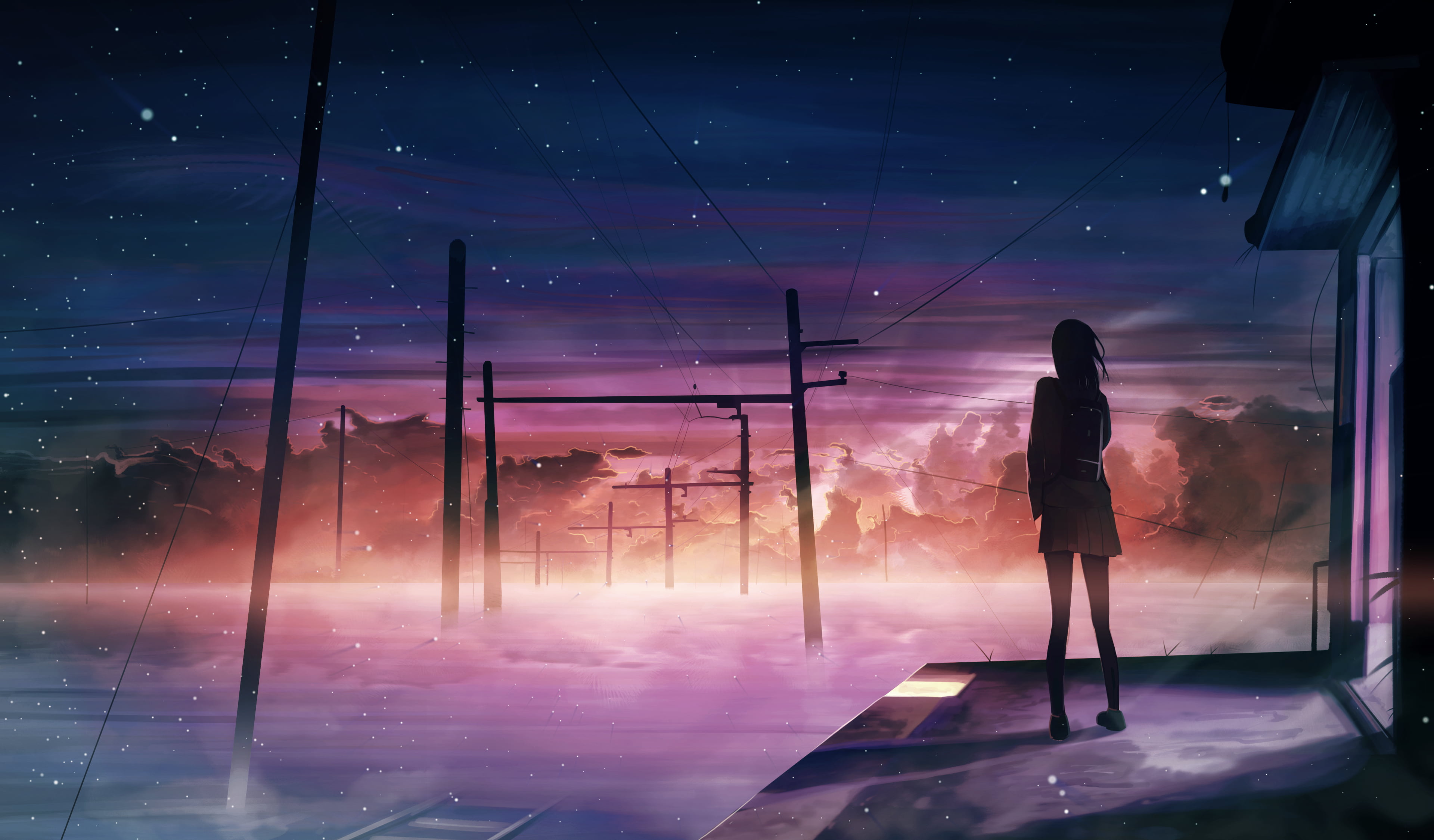 Bag, Long Hair, 4K, Anime, Tracks, Telephone Pole, Original, HD Wallpaper