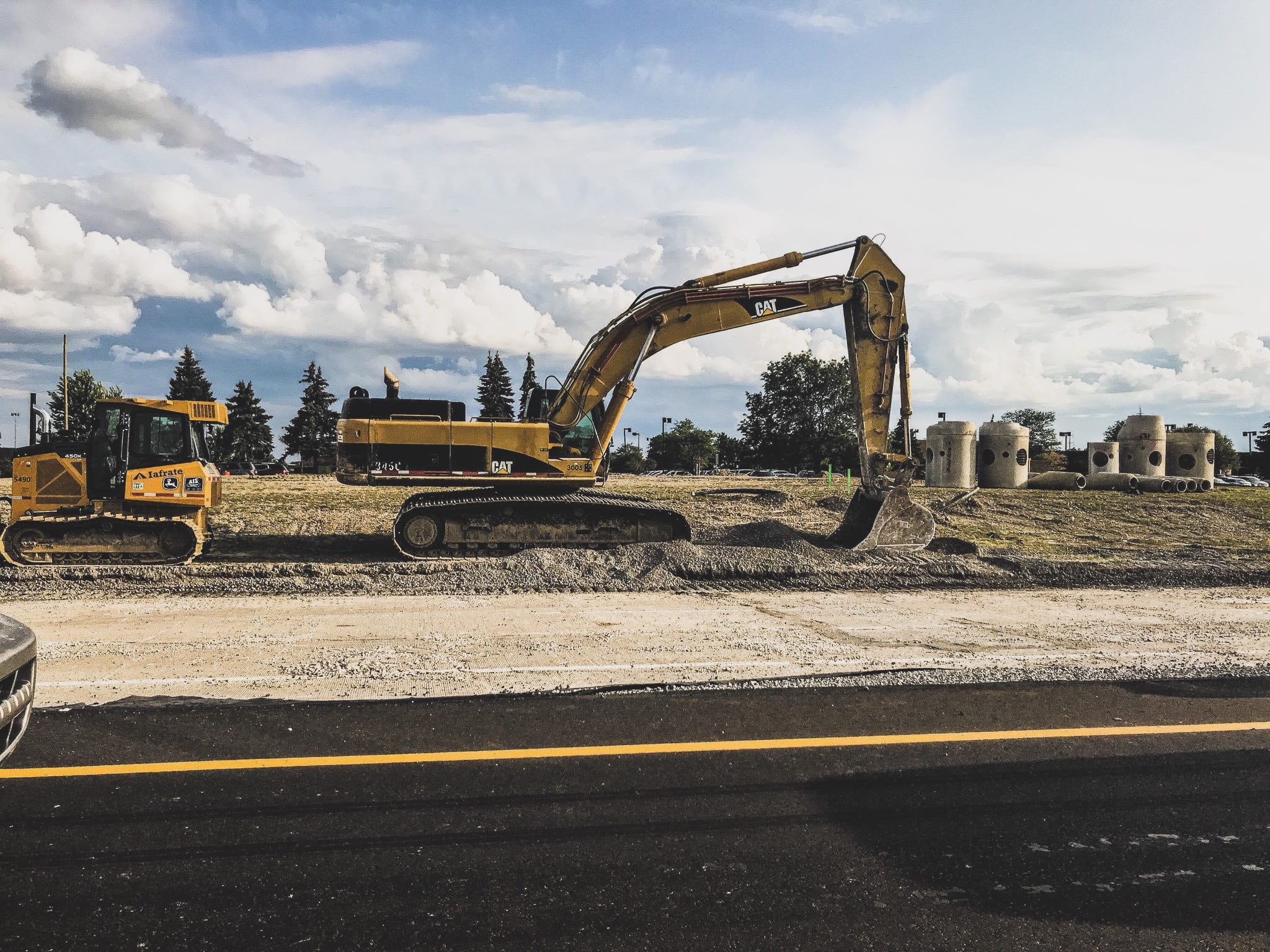 cat, nature, earth mover, construction work, silo, build, road, tracks, clouds, mode of transportation, construction machinery, sky, trees, mud, city, cloud - sky, HD Wallpaper