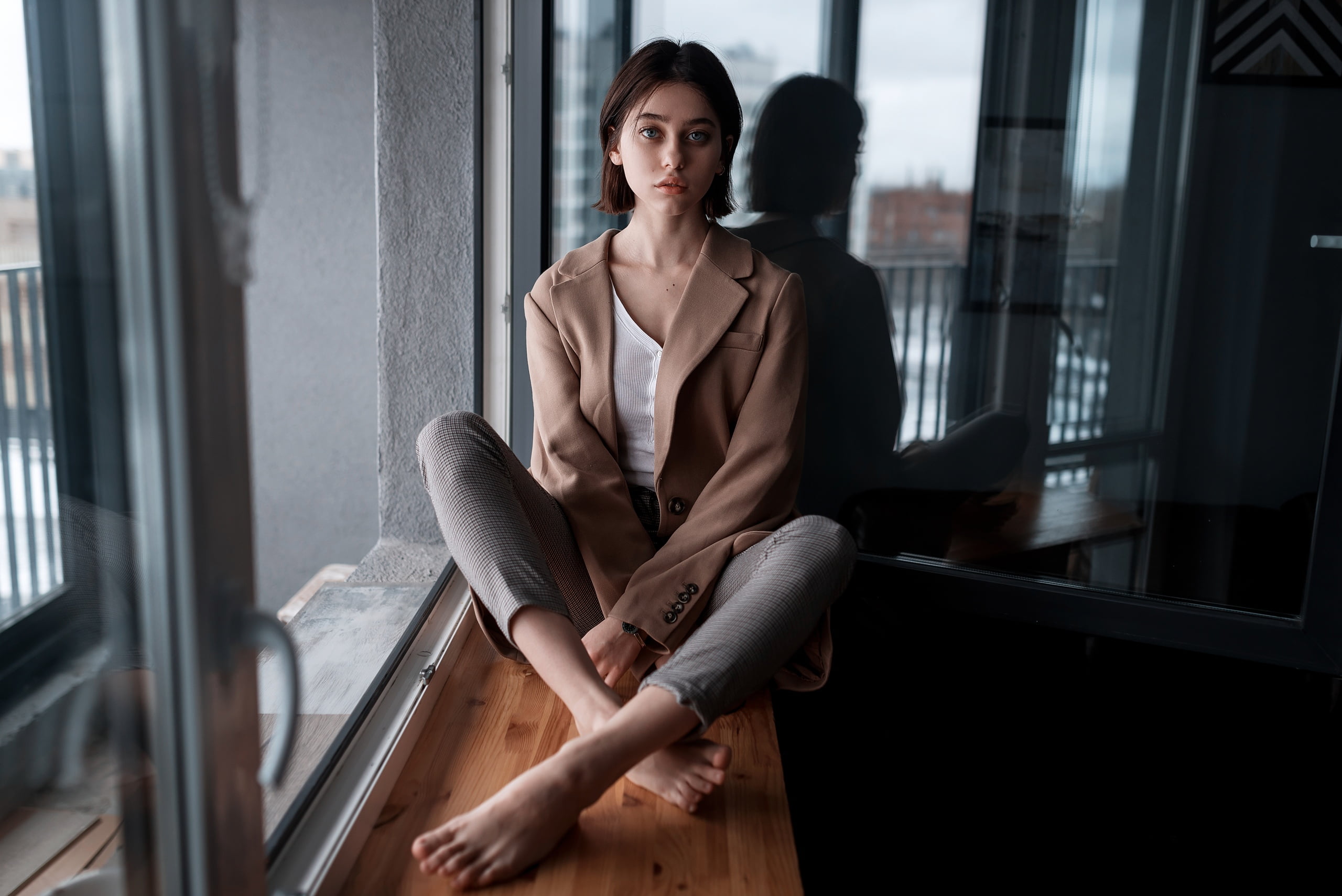 white blouse, sitting, window, looking at viewer, women, indoors, model, blouses, feet, legs crossed, bokeh, gray eyes, 2K, coats, pants, women indoors, HD Wallpaper