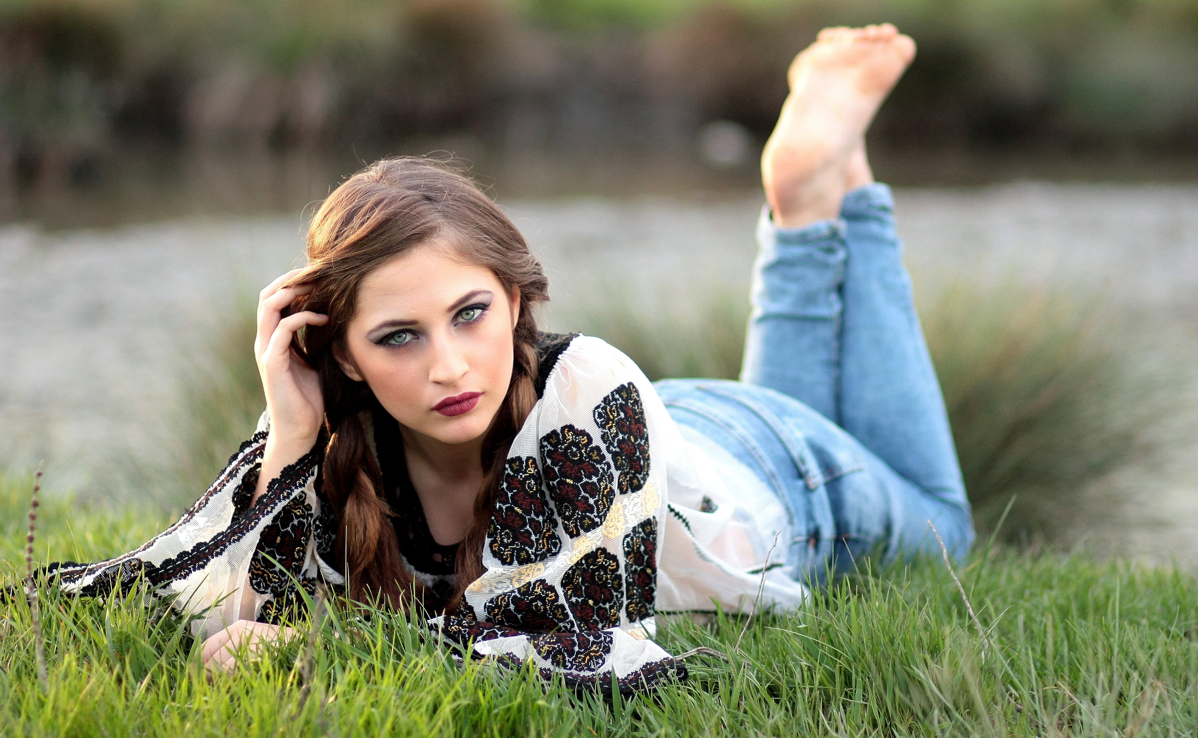beautiful woman, 4K, young Adult, grass, green, outdoors, nature, blouse, beautiful, long hair, beautiful people, women, meadow, caucasian Ethnicity, wearing, HD Wallpaper