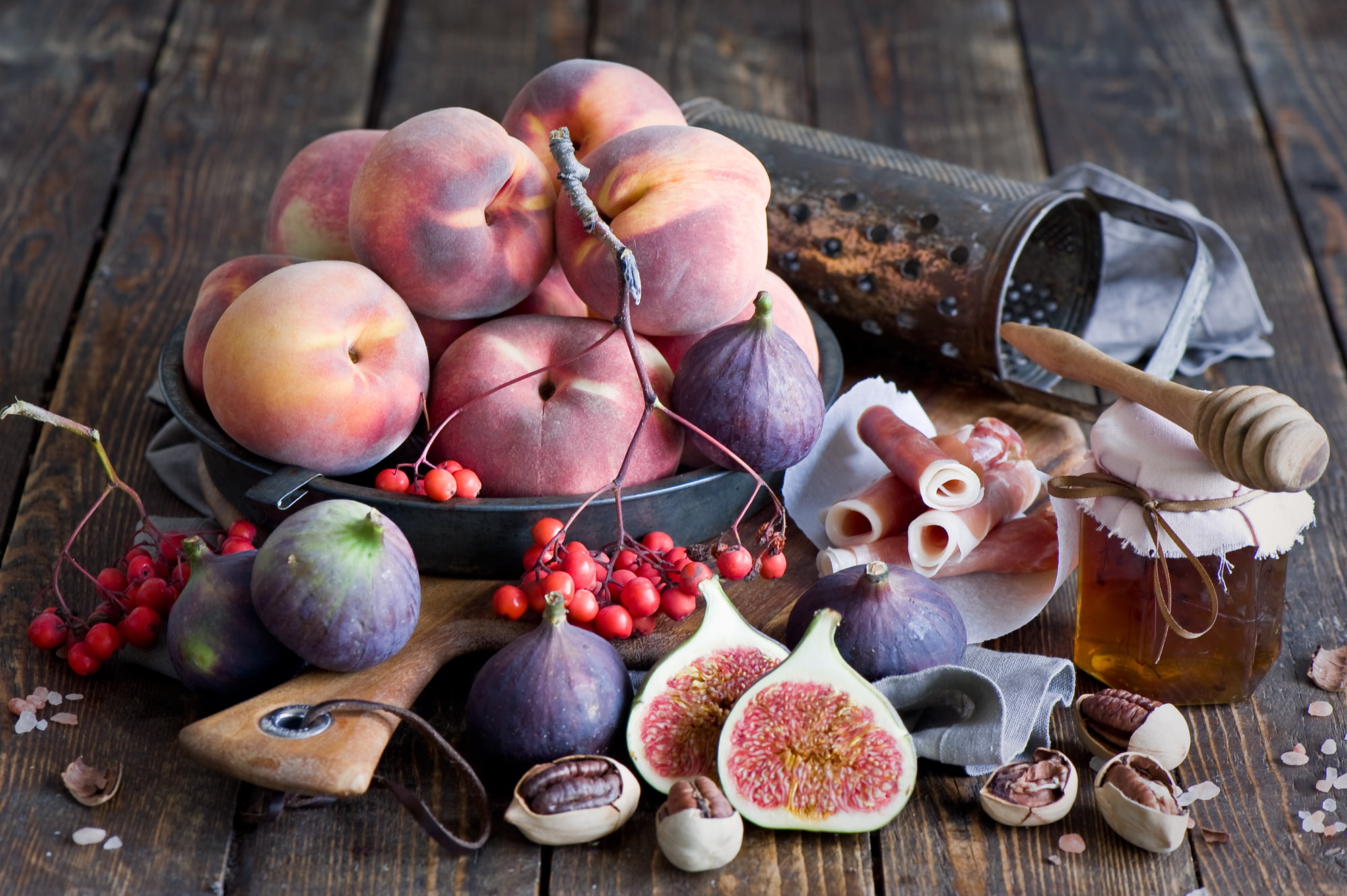 honey, peaches, nuts, 1080P, ham, grater, figs, still life, fruits, variety, berries, HD Wallpaper