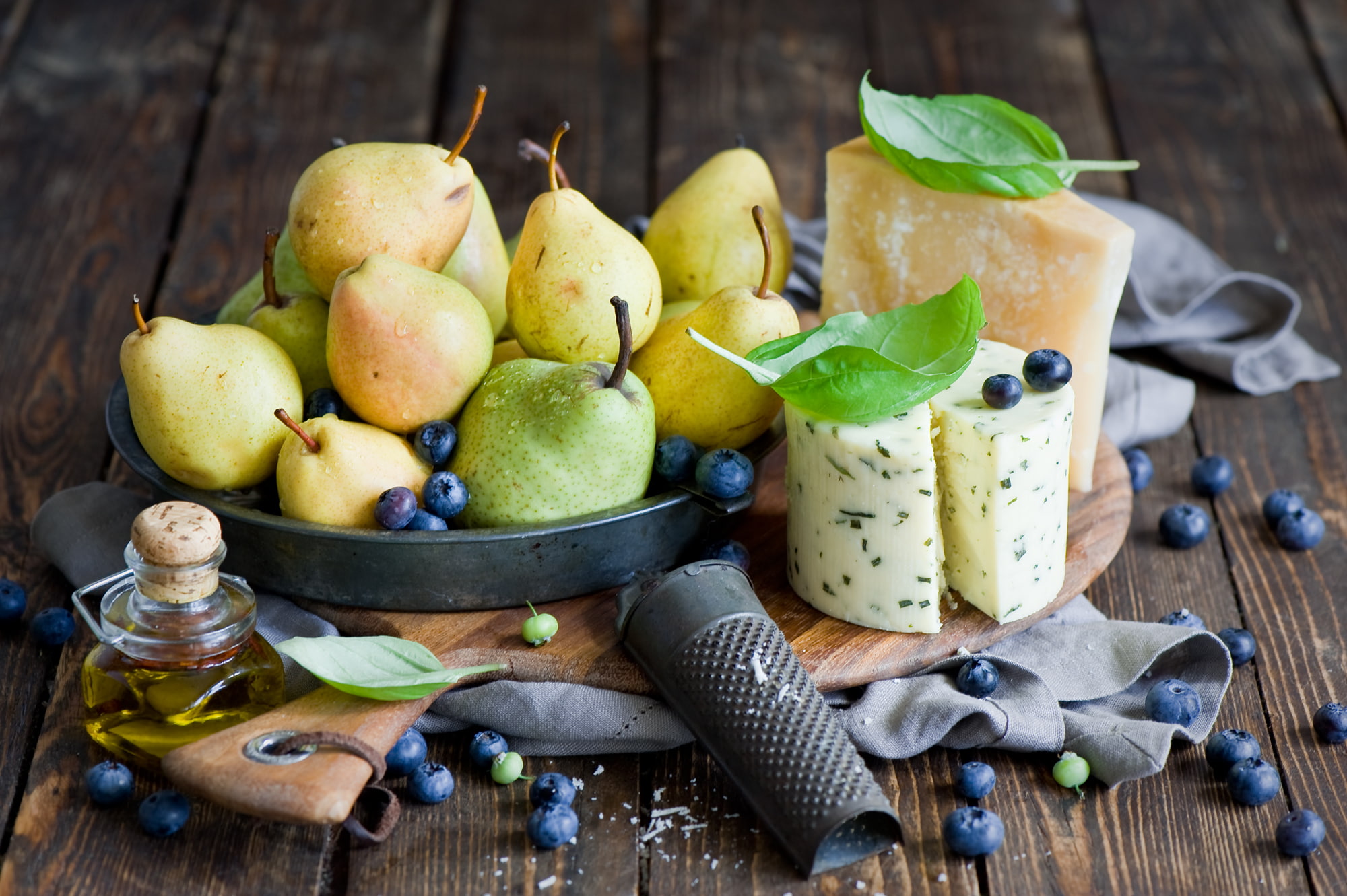 1080P, cheese, still life, grater, blueberries, pear, berries, HD Wallpaper