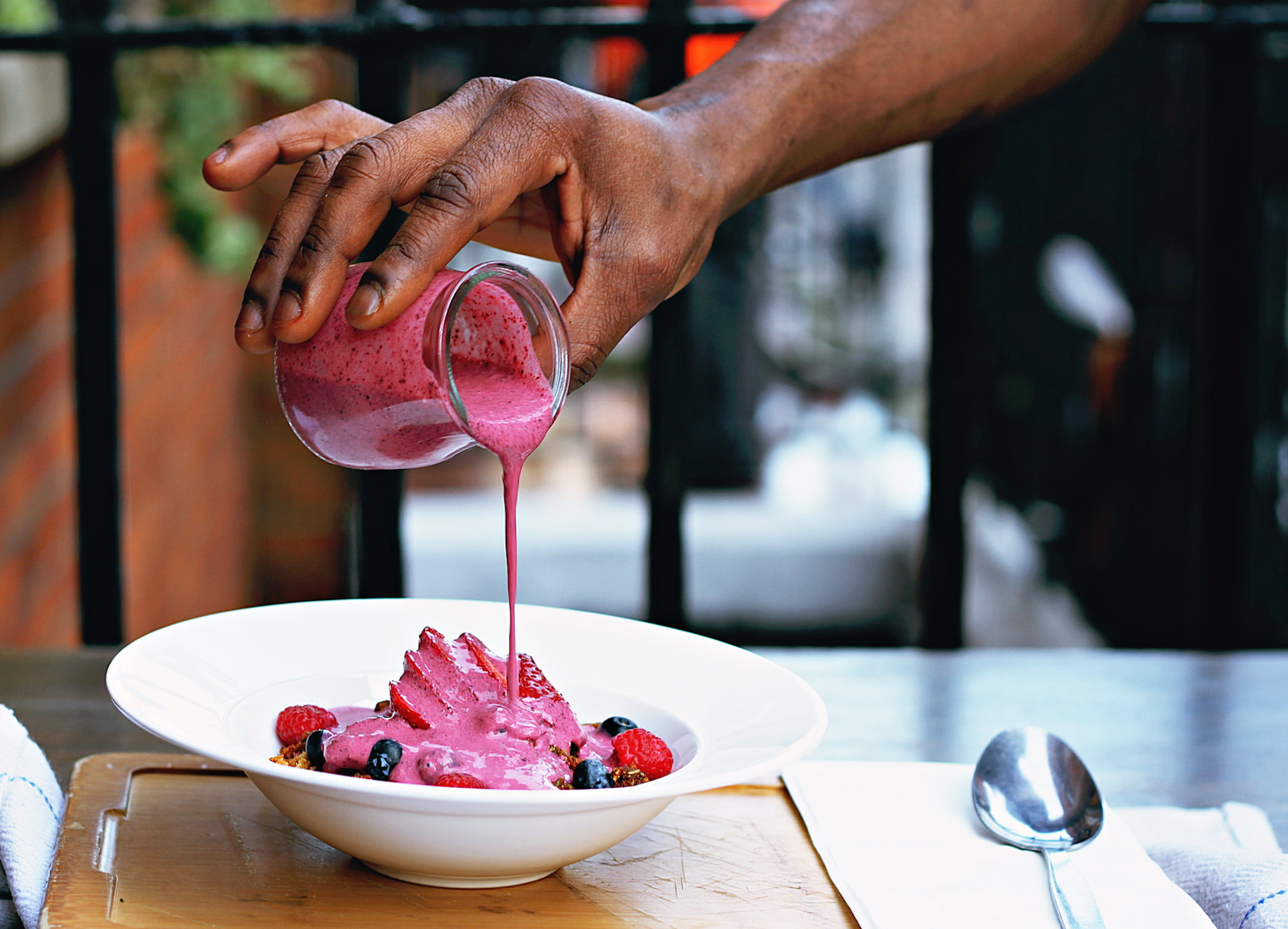 spoon, focus on foreground, dessert, pouring, red, eating utensil, human hand, yoghurt, table, syrup, real people, hands, close-up, refreshment, kitchen utensil, HD Wallpaper