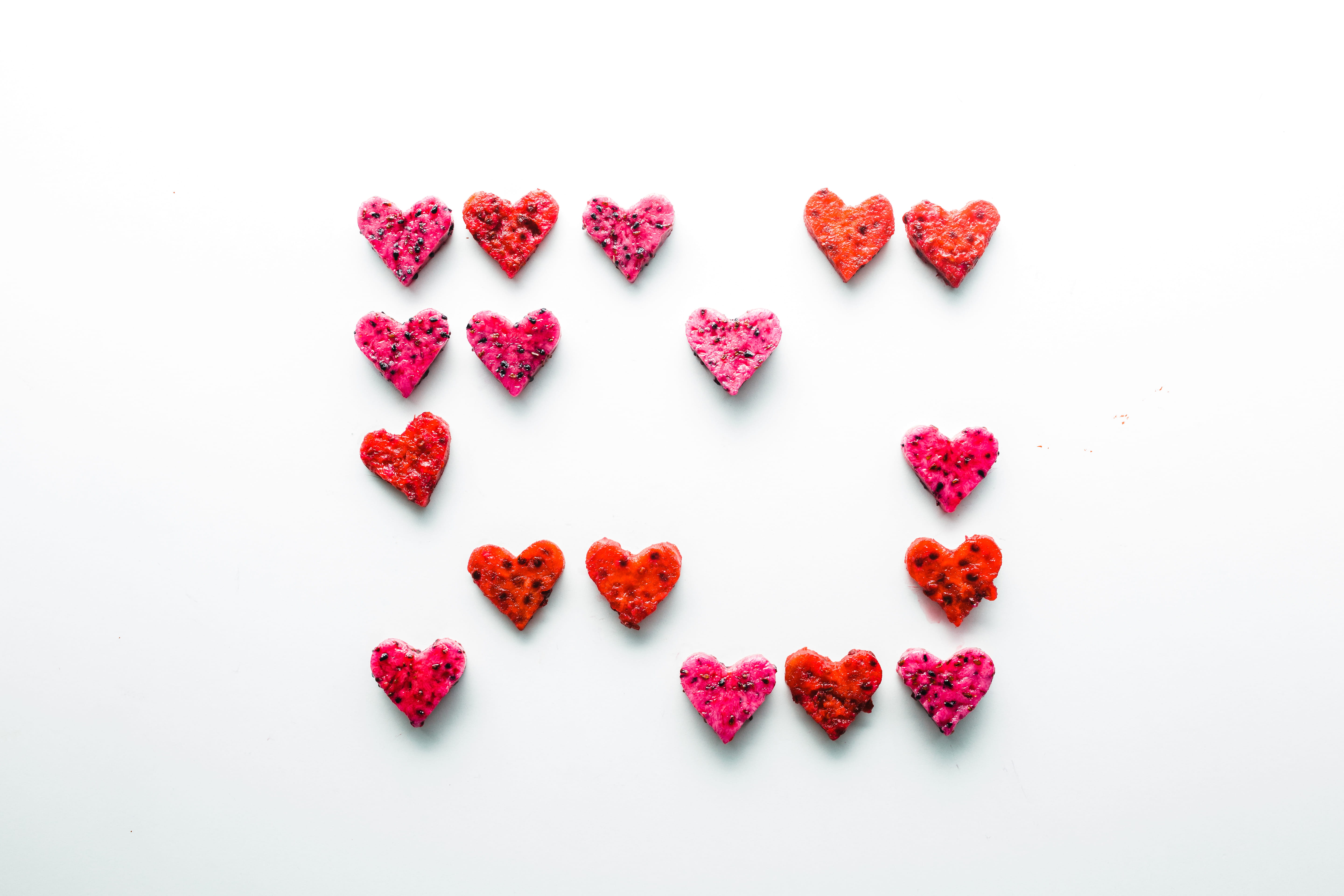 eat, heart shape, red, high angle view, white background, indoors, salt lake city, healthy, candy heart, close-up, sweets, fruit, hearts, united states, HD Wallpaper