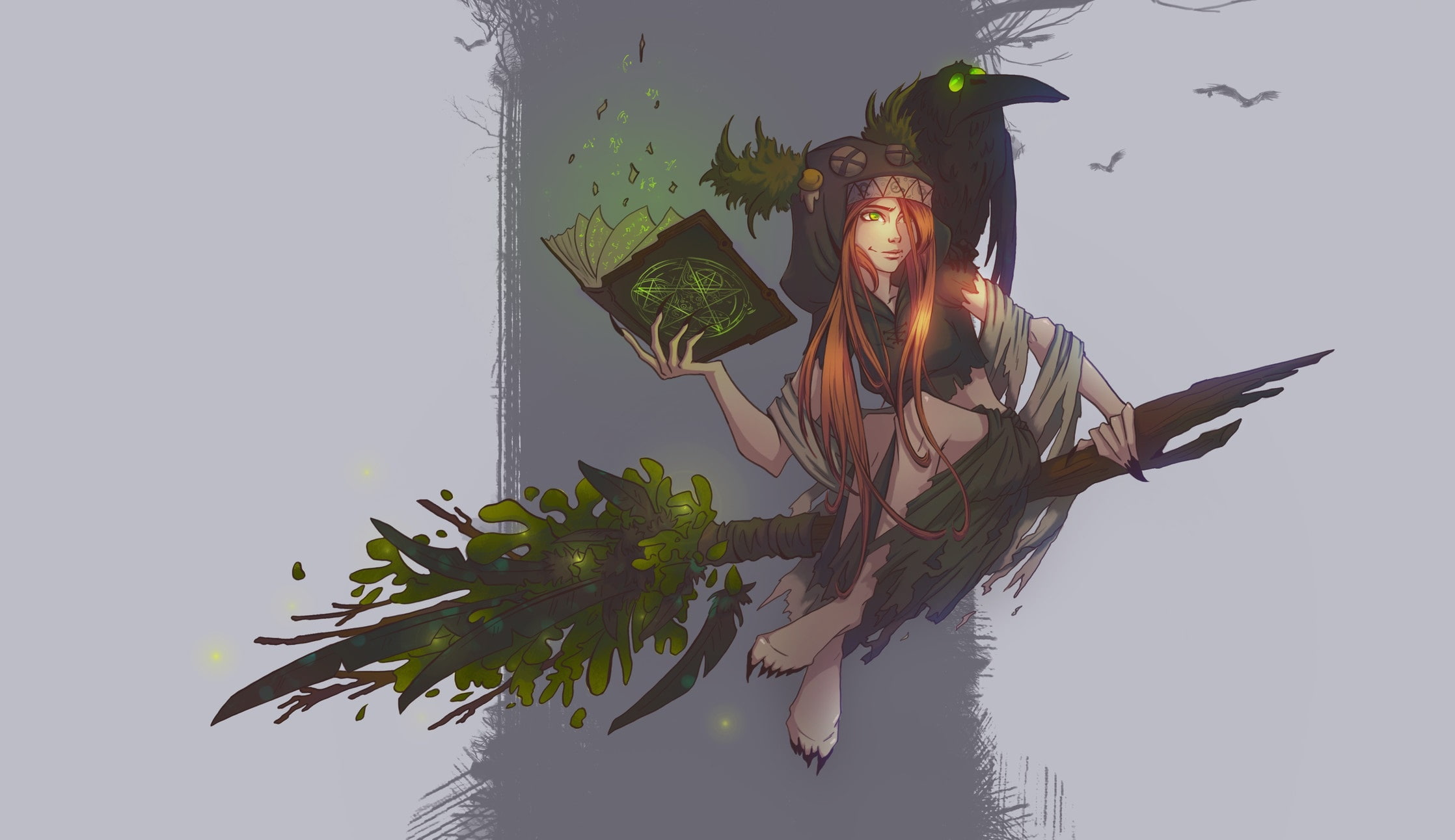 pomelo, Concept art - Witch, fantasy, book, magic, broom, 1080P, Elena Darvina, witch, art, HD Wallpaper