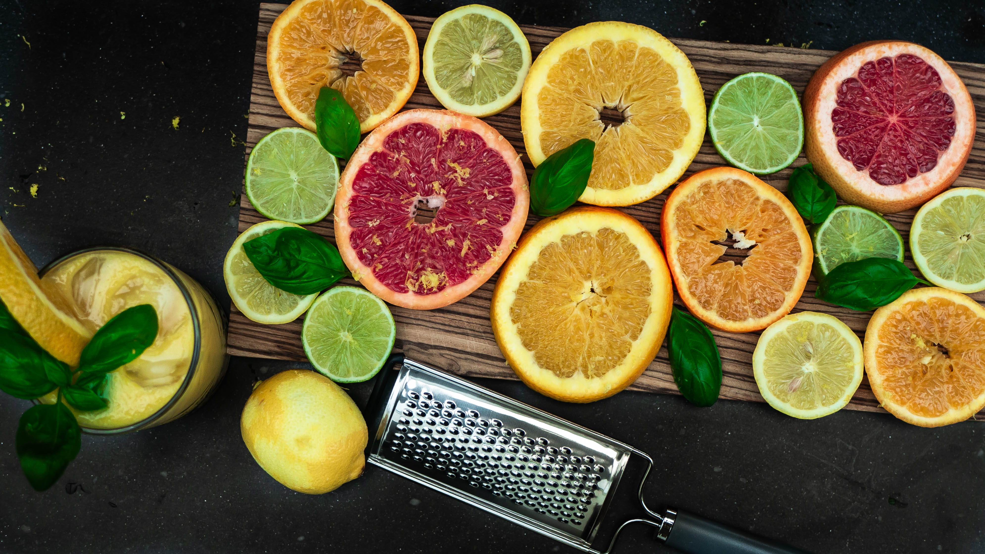 electronics, food, plant, food and drink, wellbeing, healthy eating, lemon, grapefruit, herb, 4K, computer keyboard, computer hardware, high angle view, HD Wallpaper