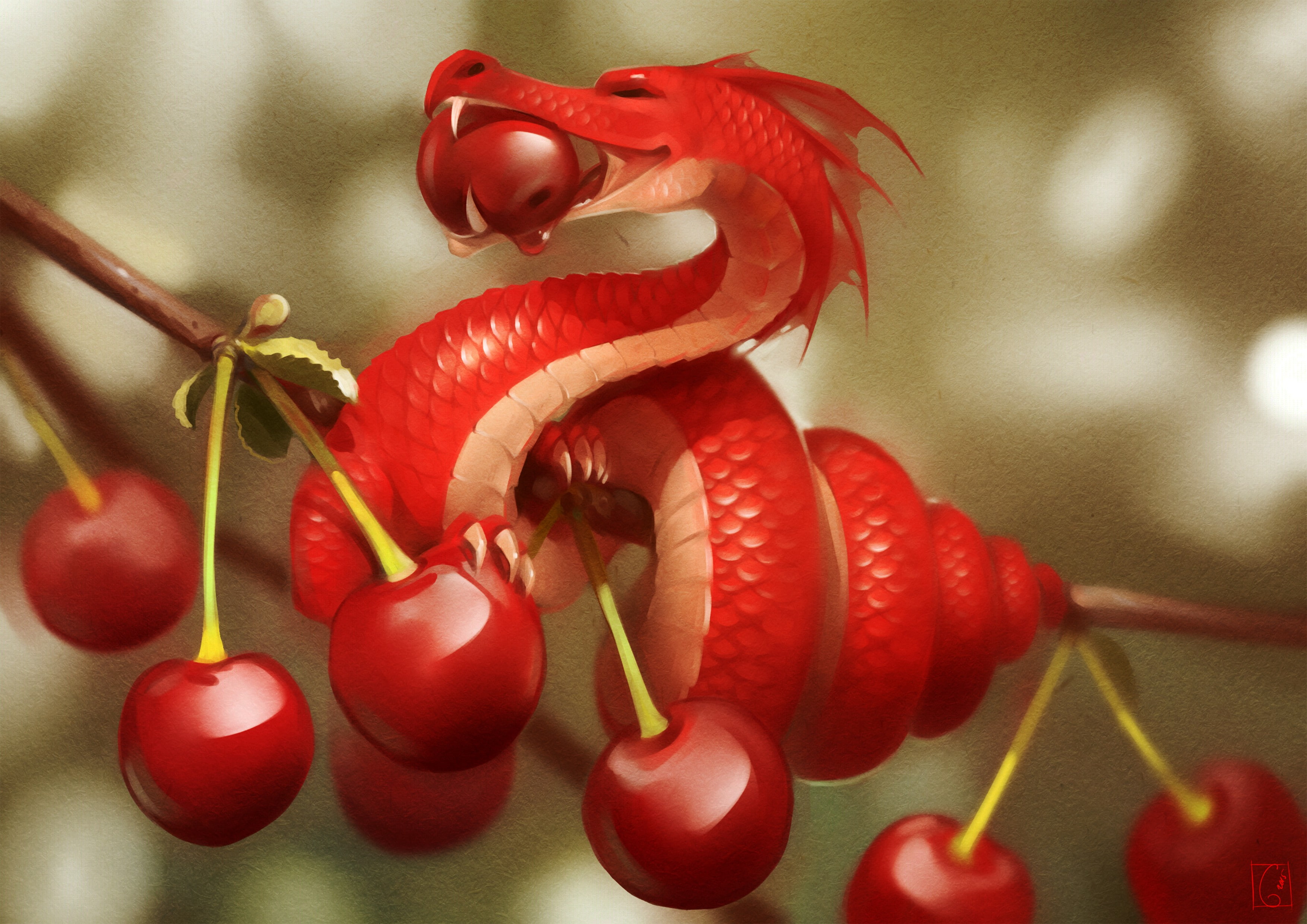 fruit, dragon, fantasy art, red, eating, 2K, miniatures, branch, nature, digital art, cherries (food), leaves, trees, HD Wallpaper