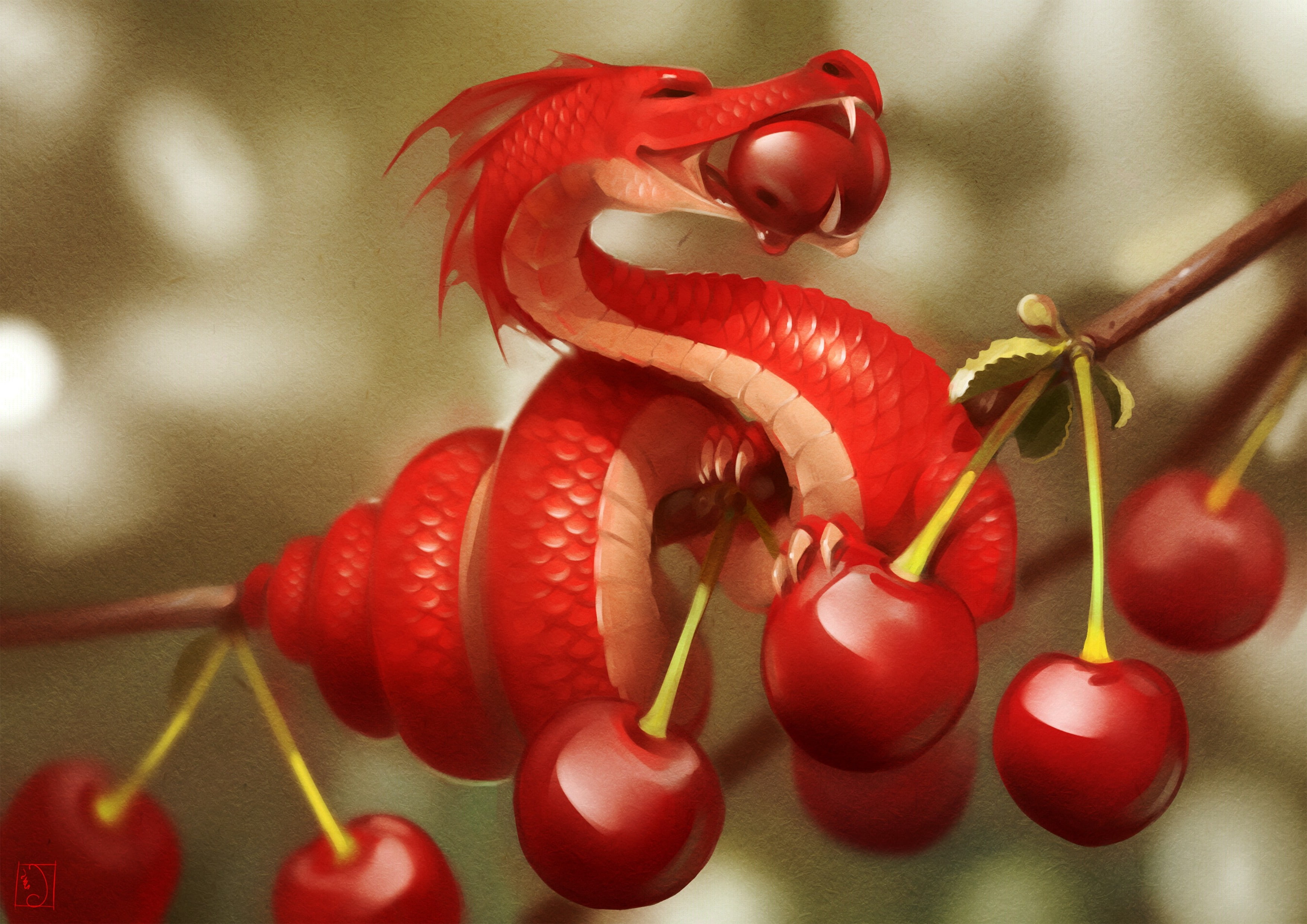 cherries, nature, digital art, Trees, dragon, Eating, fantasy Art, fruit, Miniatures, branch, 2K, red, leaves, HD Wallpaper