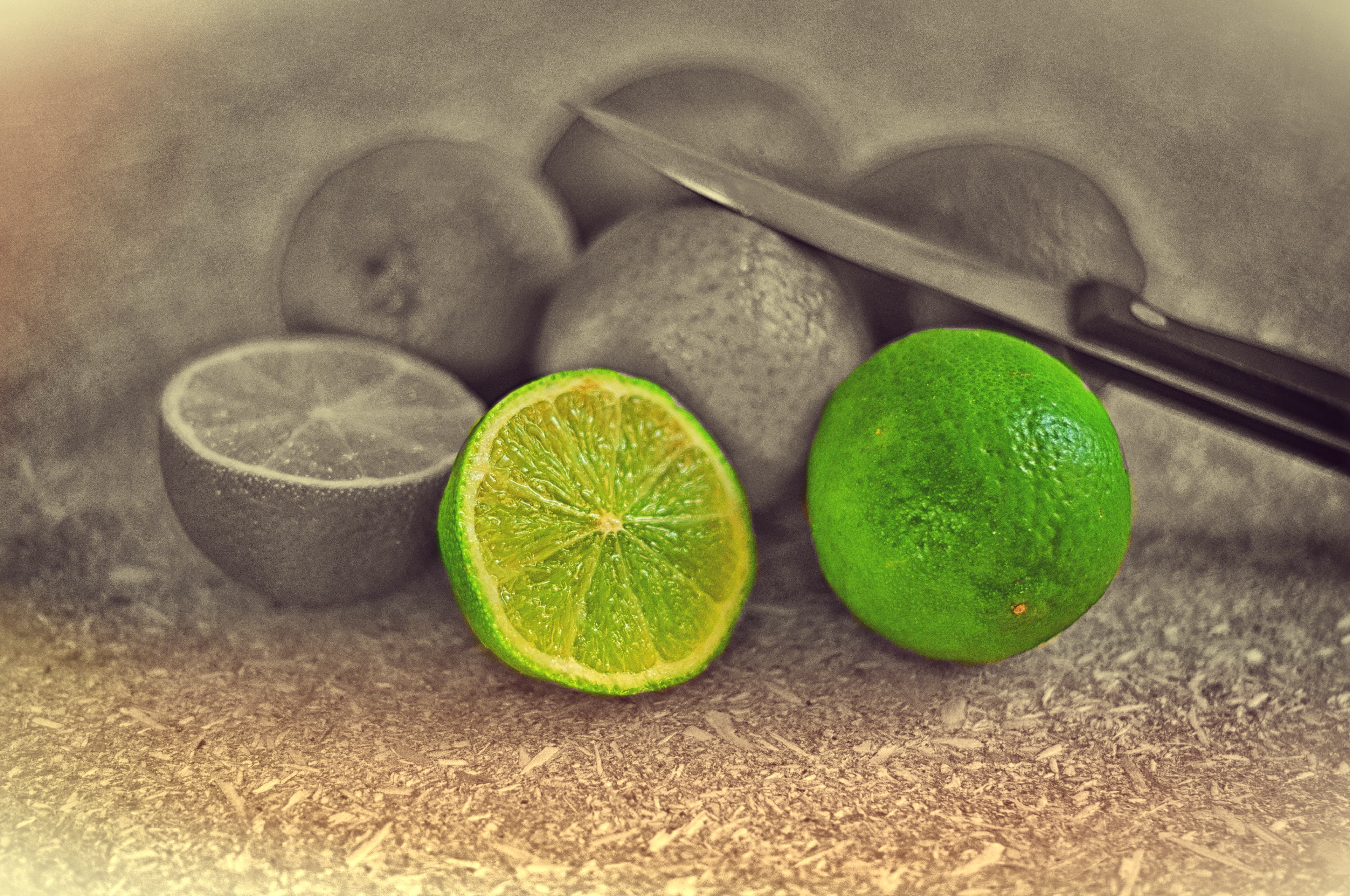 green, selective, no people, knife, slice, vitamins, delicious, kitchen knife, lemon, tropical fruits, color, citrus fruits, green color, sliced, ripe, HD Wallpaper