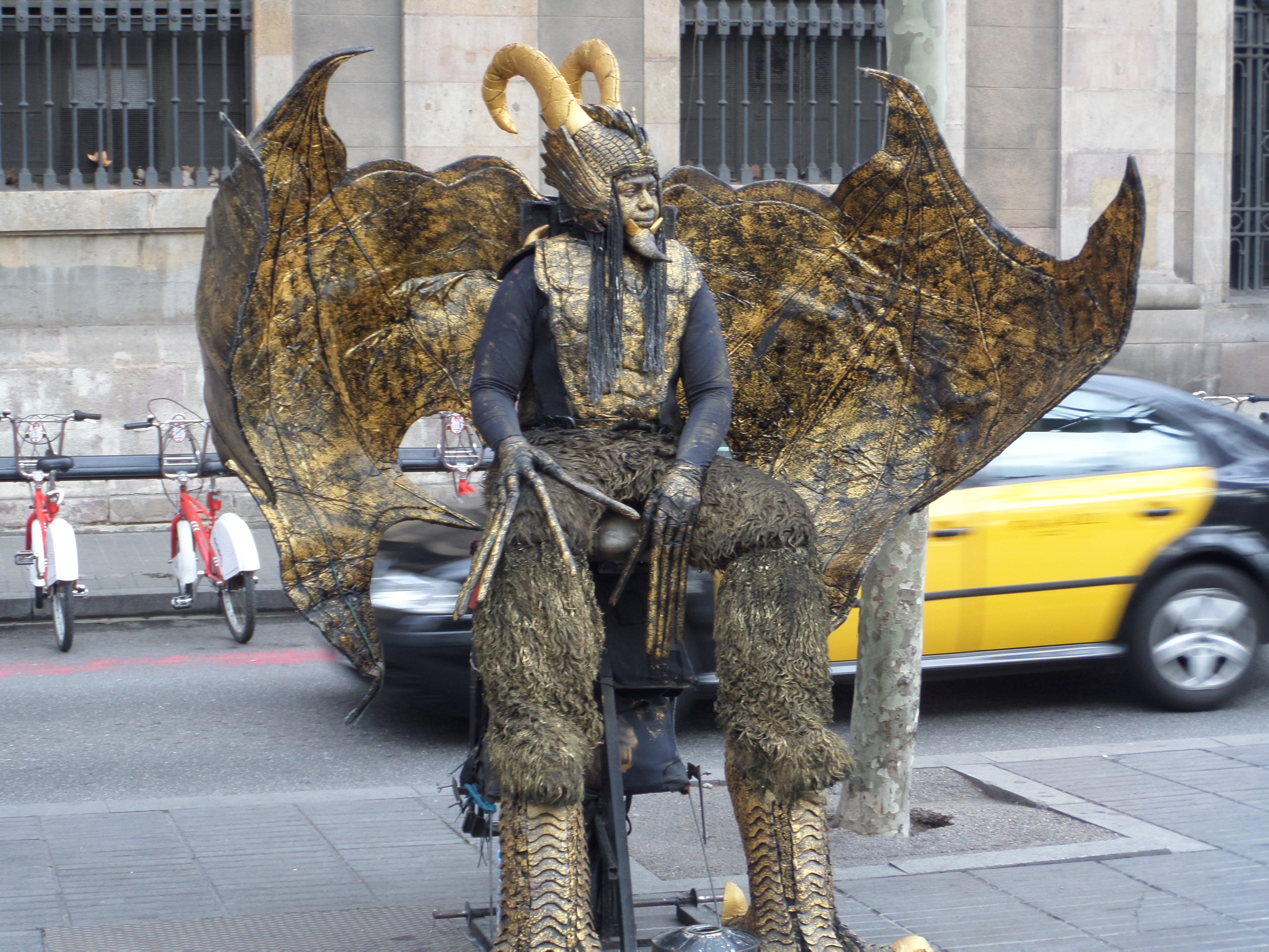 art and craft, sculpture, mask, built structure, performance, costume, transportation, wearing, city, motor vehicle, day, las ramblas, street performer, HD Wallpaper