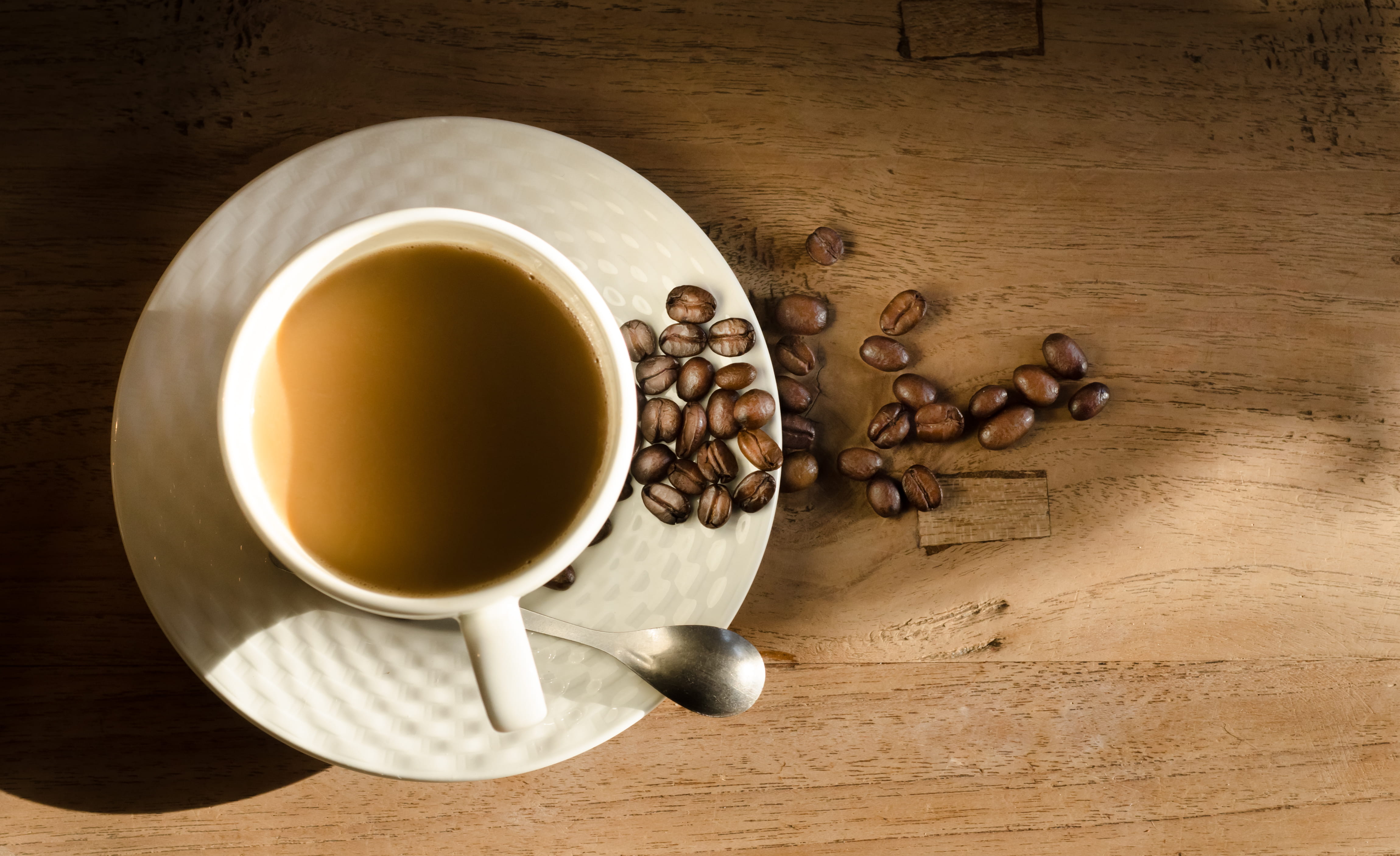 teacup, teaspoon, table, refreshment, beside, vintage, indoors, dark, roasted coffee bean, beans, caffeine, espresso, crockery, saucer, freshness, tea cup, HD Wallpaper