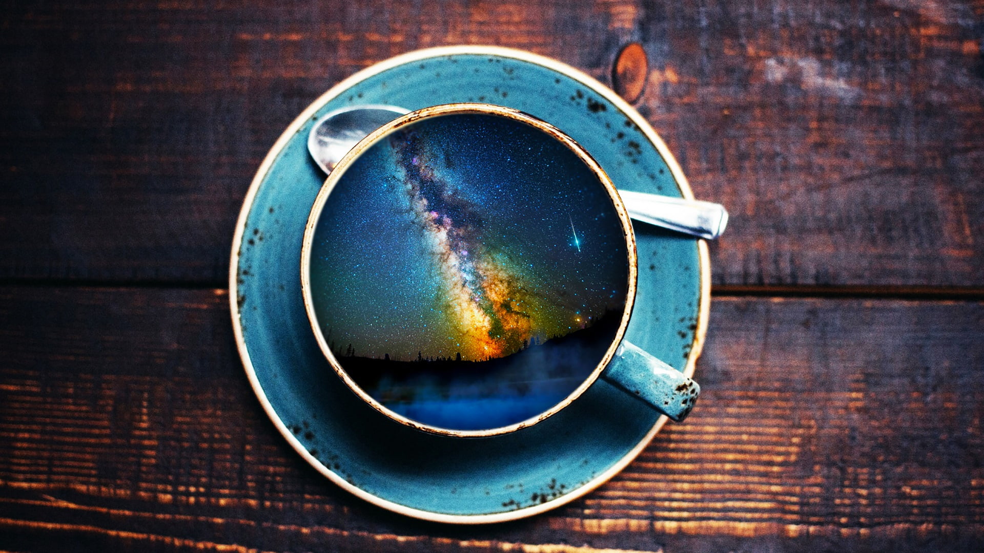 1080P, cup, wooden floor, artwork, digital art, space, stars, spoon, HD Wallpaper