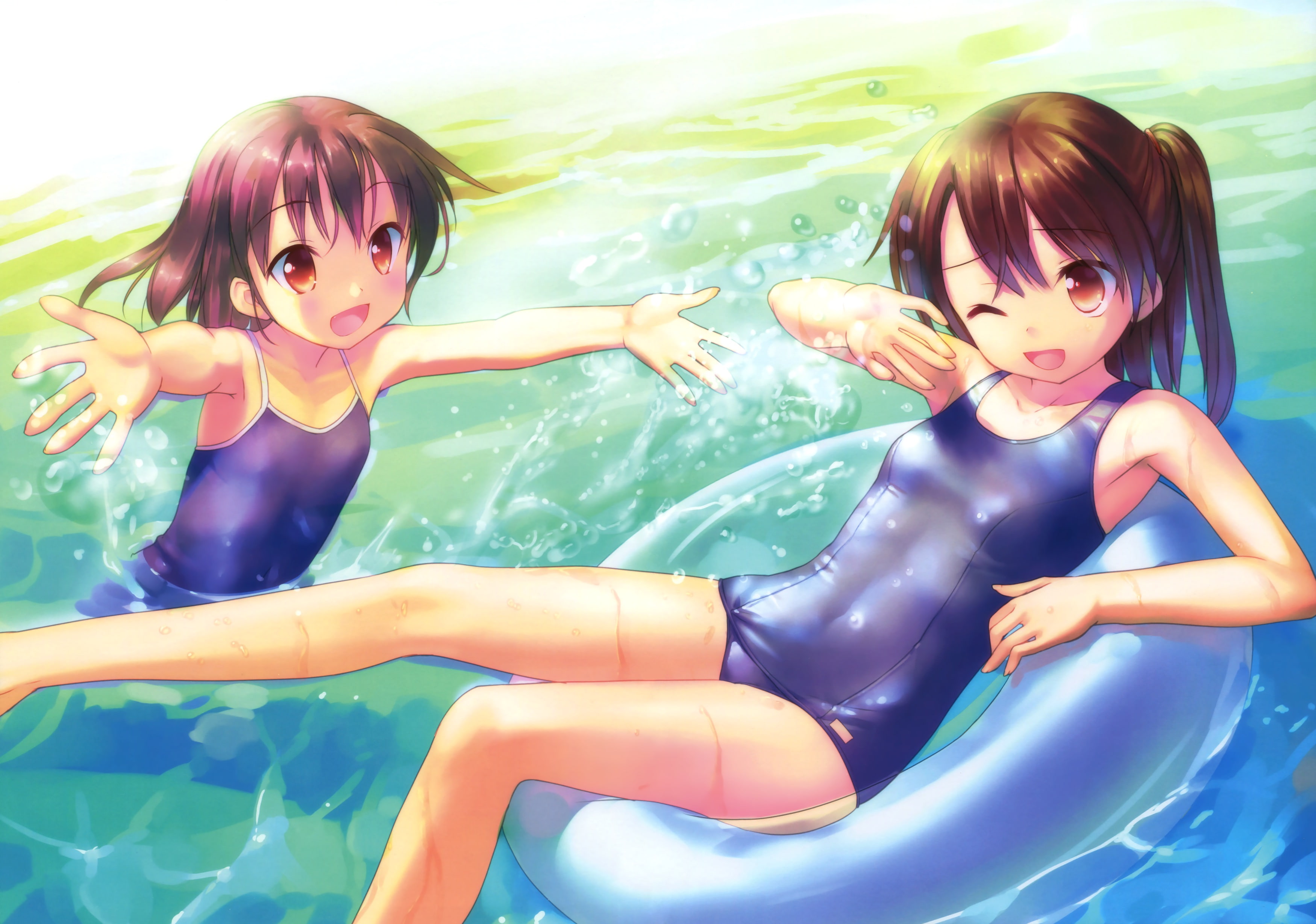 brown, school, scan, wet, original, 2K, kogemashita, swimsuit, hair, girls, roast, takoyaki, water, HD Wallpaper