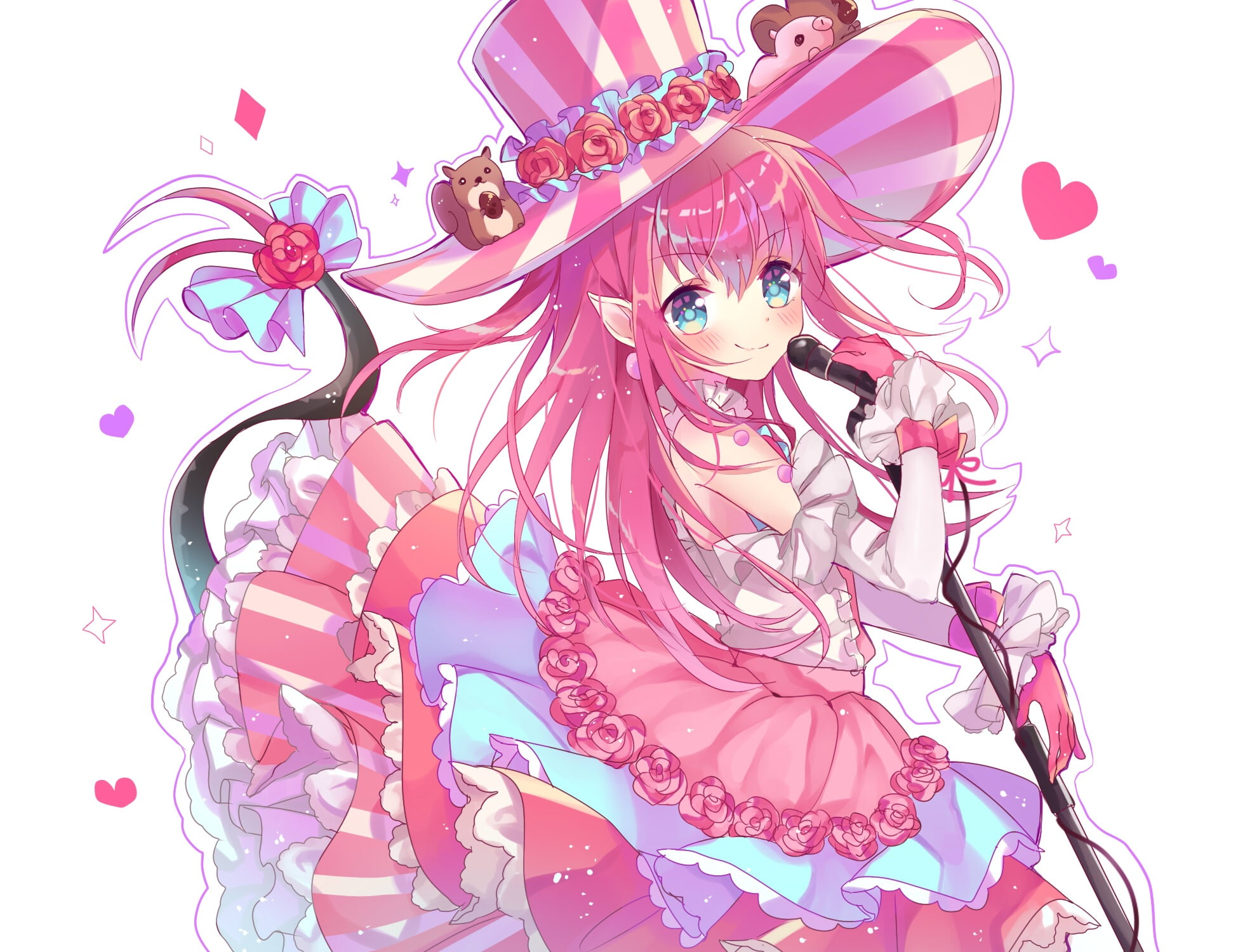 hika, grand, takoyaki, long, 1080P, fate, 256180, white, order, konachan, com, hair, hat, pointed, (series), tail, pink, ears, flowers, gloves, eyes, microphone, HD Wallpaper