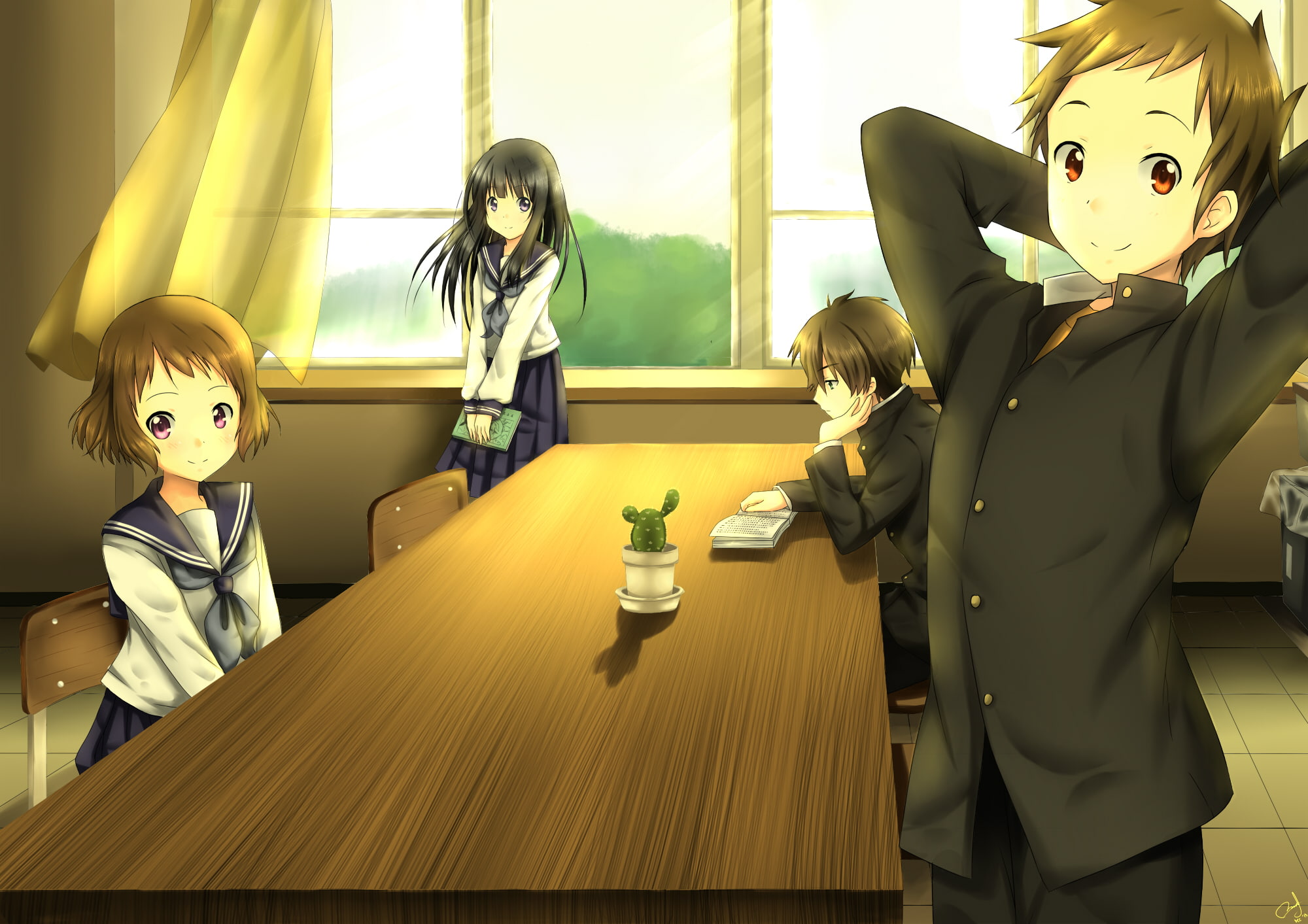 short, mayaka, hair, black, purple, hikariin25, chitanda, satoshi, fukube, eru, ibara, brown, seifuku, long, eyes, 1080P, oreki, hyouka, houtarou, HD Wallpaper