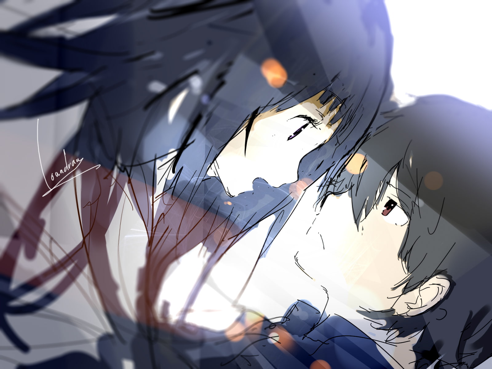 signed, houtarou, purple, loundraw, oreki, hair, eyes, black, brown, hyouka, 720P, eru, chitanda, HD Wallpaper