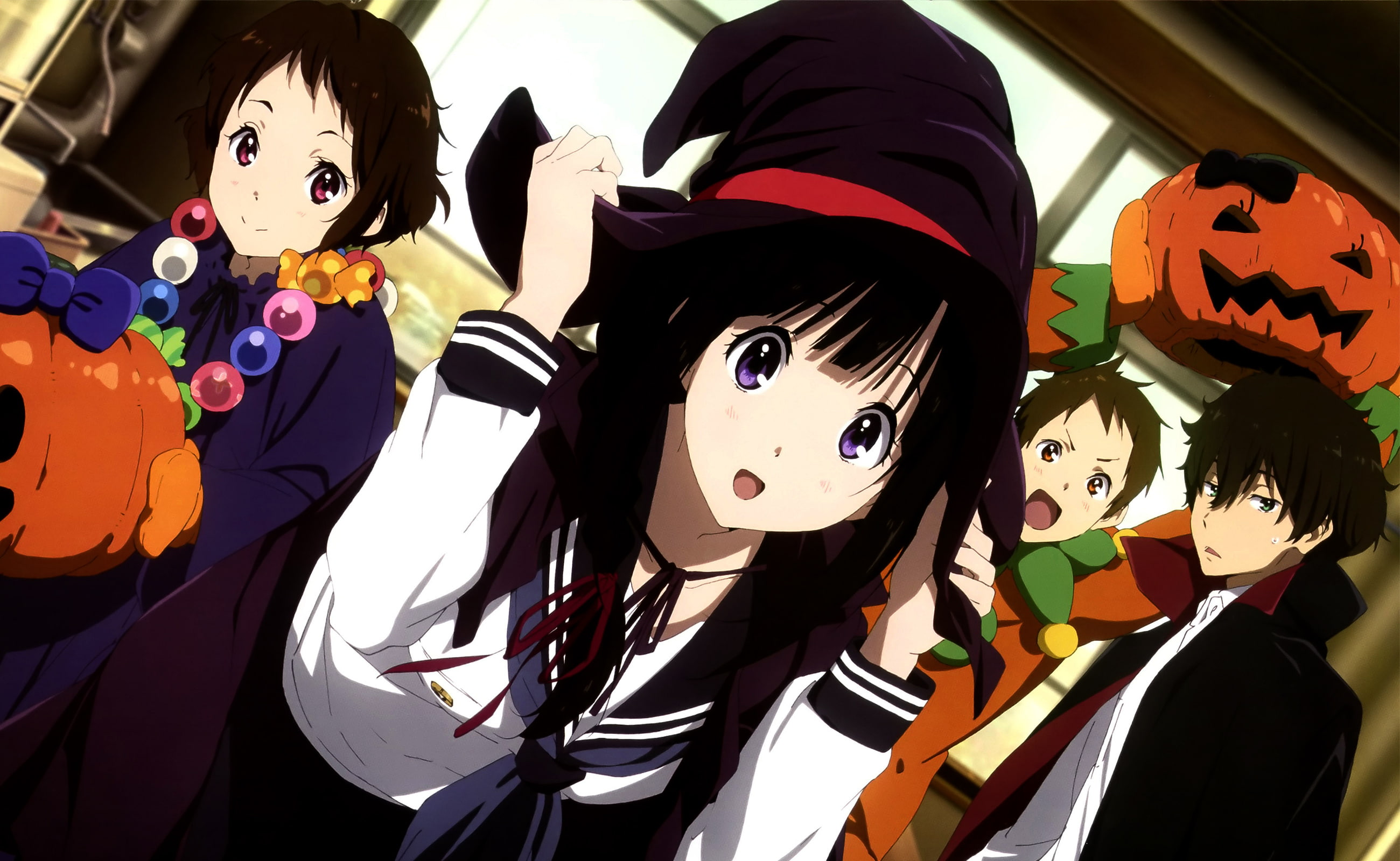 human representation, halloween, Oreki Houtarou, festival, creativity, women, Anime Girls, Fukube Satoshi, 2K, Chitanda Eru, costume, multi colored, anime, HD Wallpaper