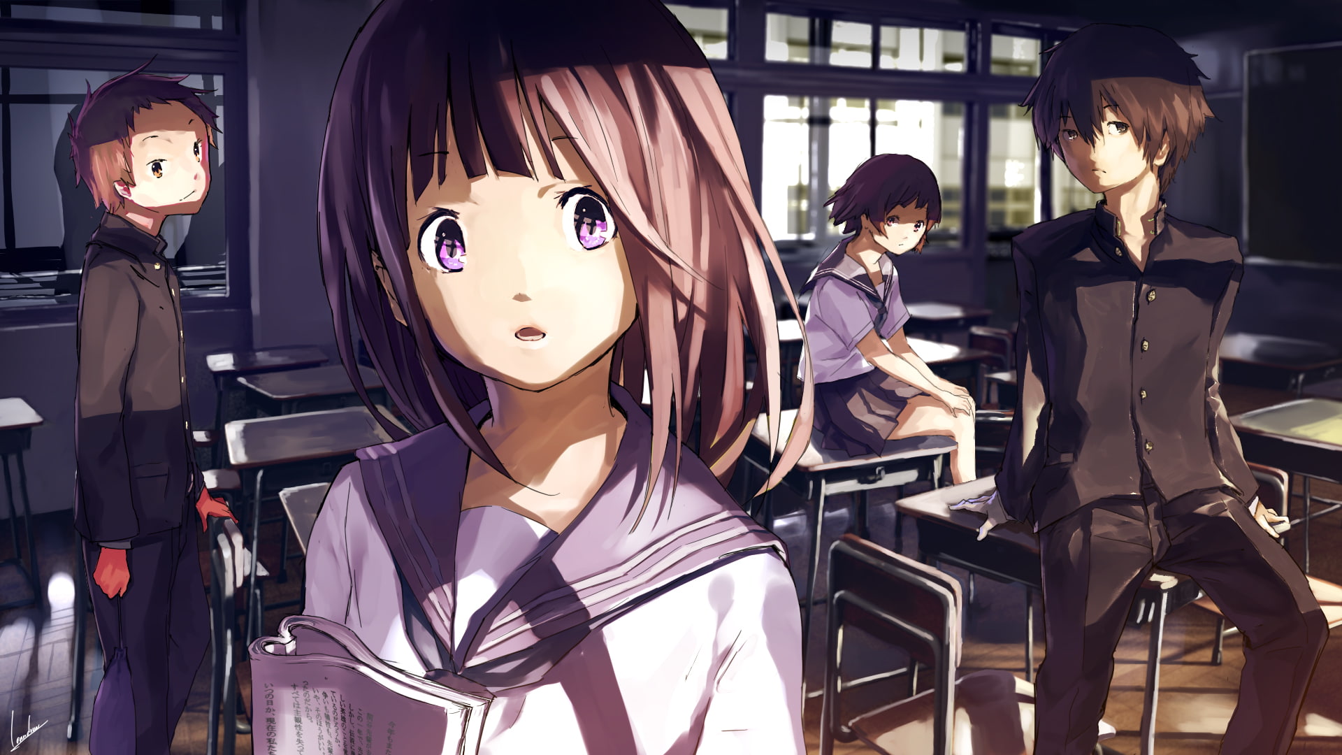 long, fukube, purple, 1080P, short, seifuku, chitanda, eru, eyes, hair, houtarou, hyouka, oreki, brown, satoshi, loundraw, ibara, signed, mayaka, HD Wallpaper