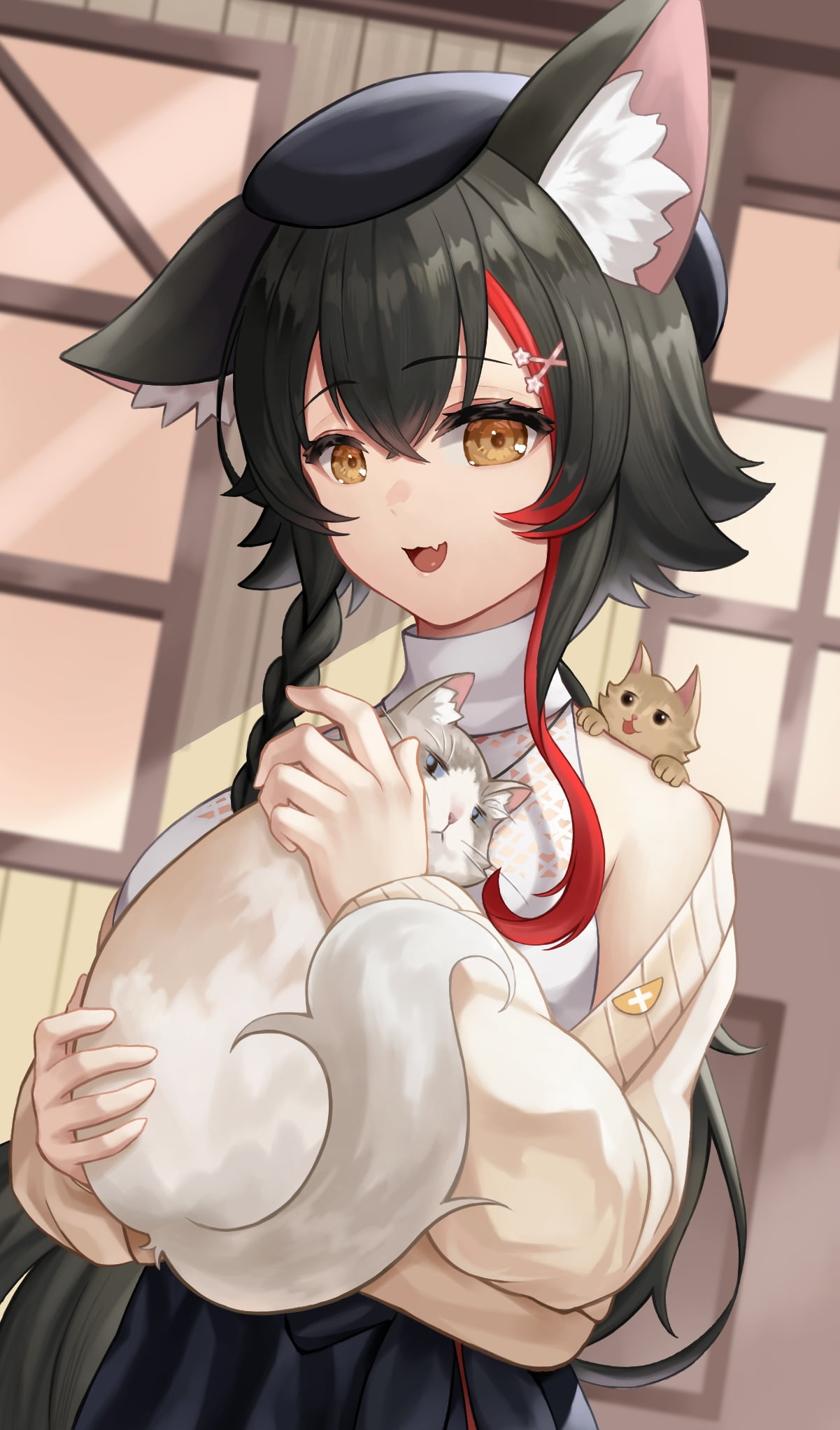 1080P, animal ears, Hololive, anime girls, Ookami Mio, open mouth, Virtual Youtuber, anime, cats, Phone HD Wallpaper