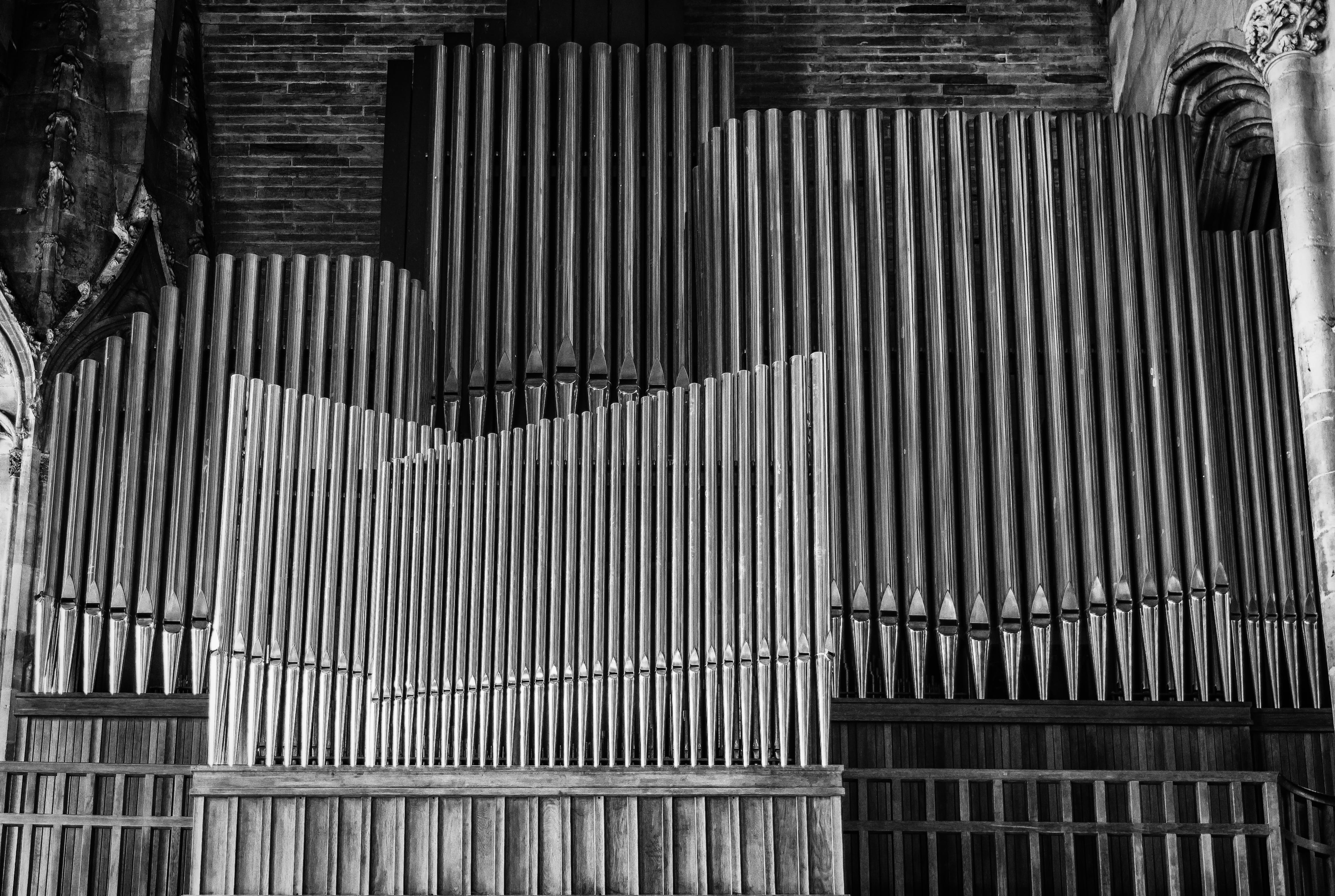 instrument, alloy, pattern, church, day, pipe organ, organ, architecture, place of worship, black-and-white, wall - building feature, church organ, grayscale, HD Wallpaper