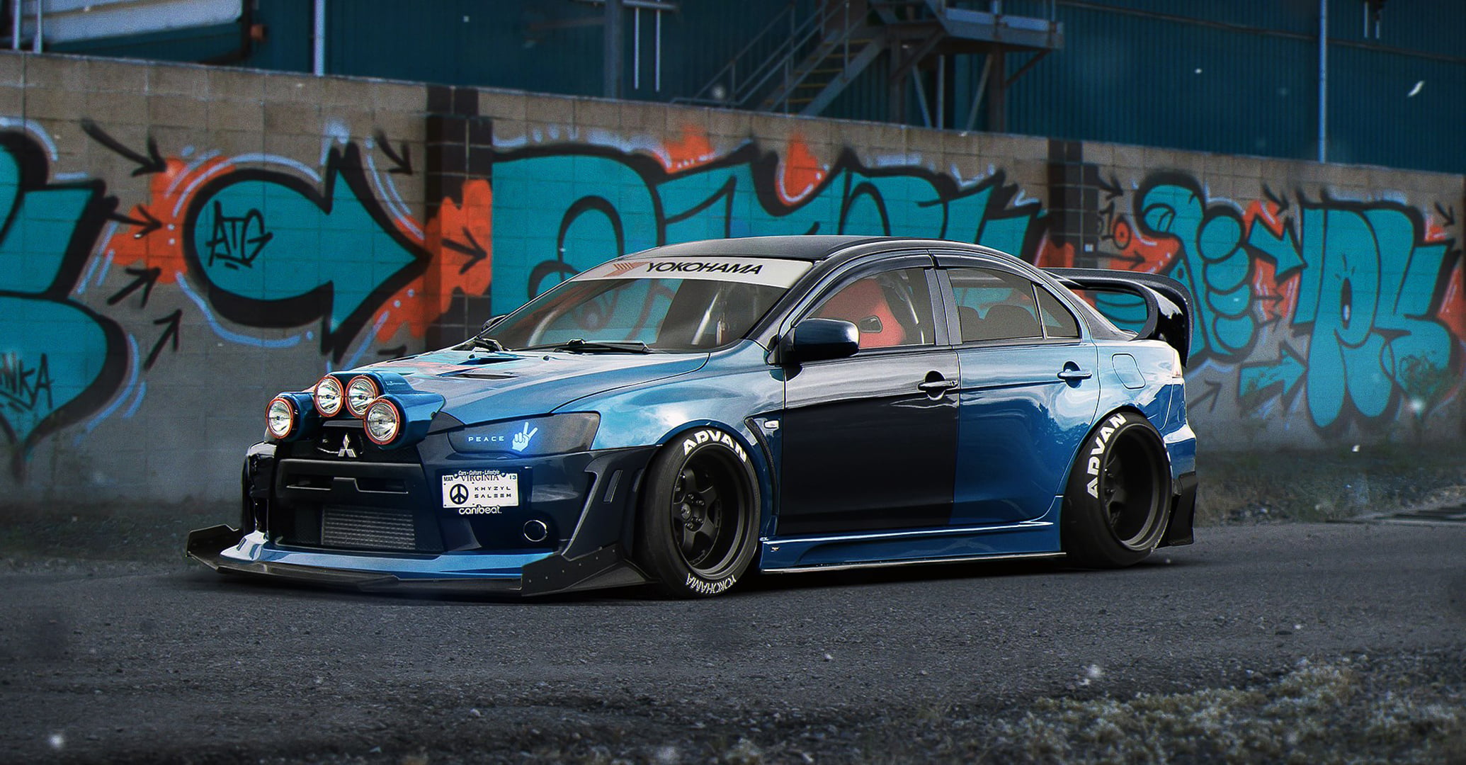 road, built structure, Lancer, mural, motor vehicle, Front, building exterior, Tuning, street, Color, Evolution, creativity, city, by Khyzyl Saleem, car, HD Wallpaper