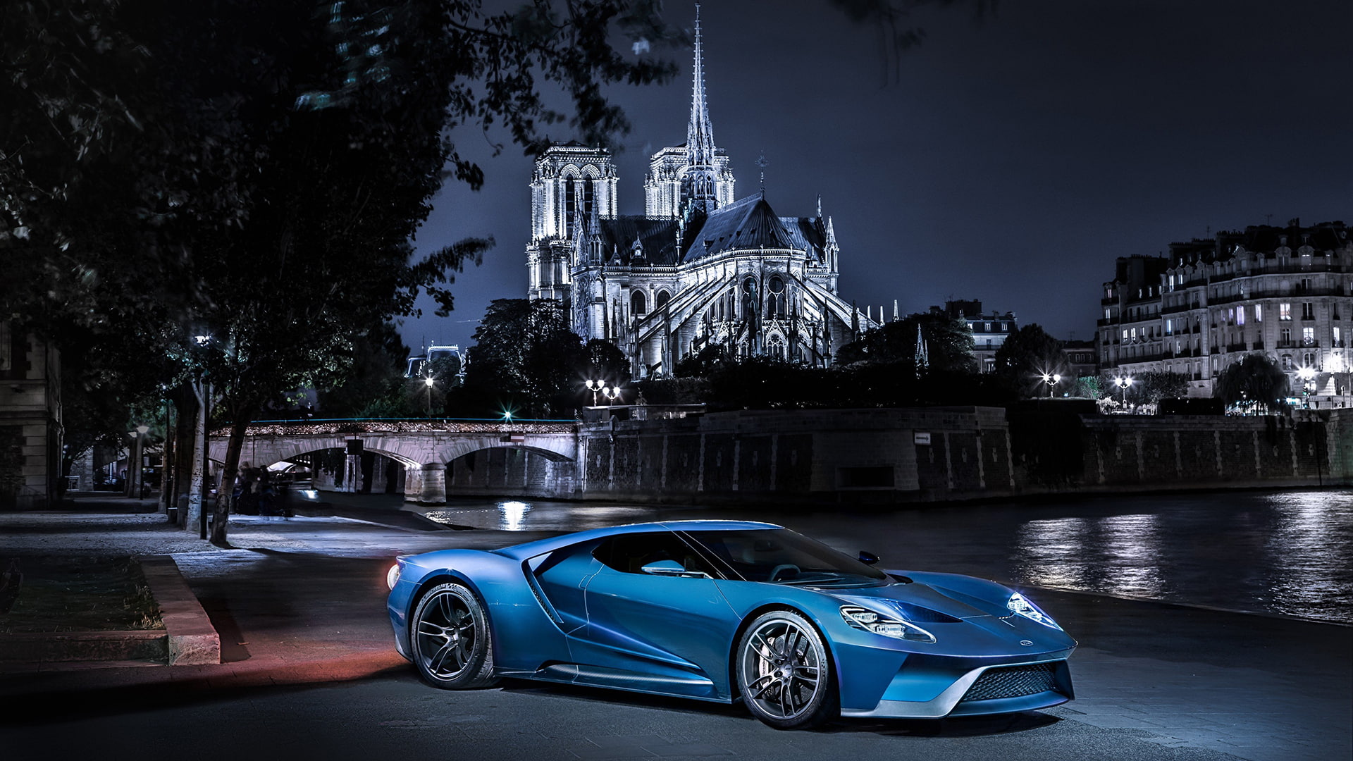 architecture, 1080P, 2017 Ford GT, night, transportation, car, nature, luxury, city, sky, illuminated, wealth, blue, building exterior, motor vehicle, HD Wallpaper