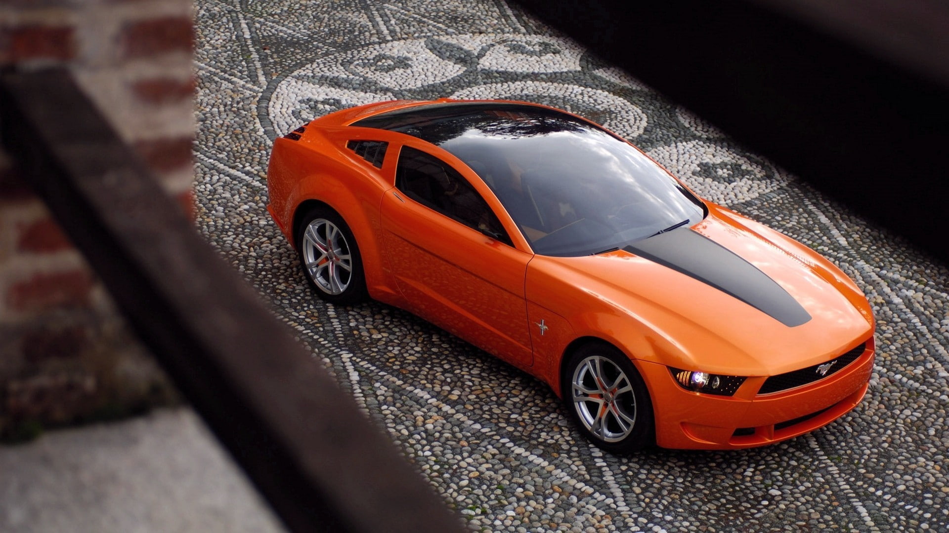 stationary, car door, Ford Mustang, high angle view, closeup, car, orange, road, wheel, 1080P, mode of transportation, selective focus, street, red, city, HD Wallpaper