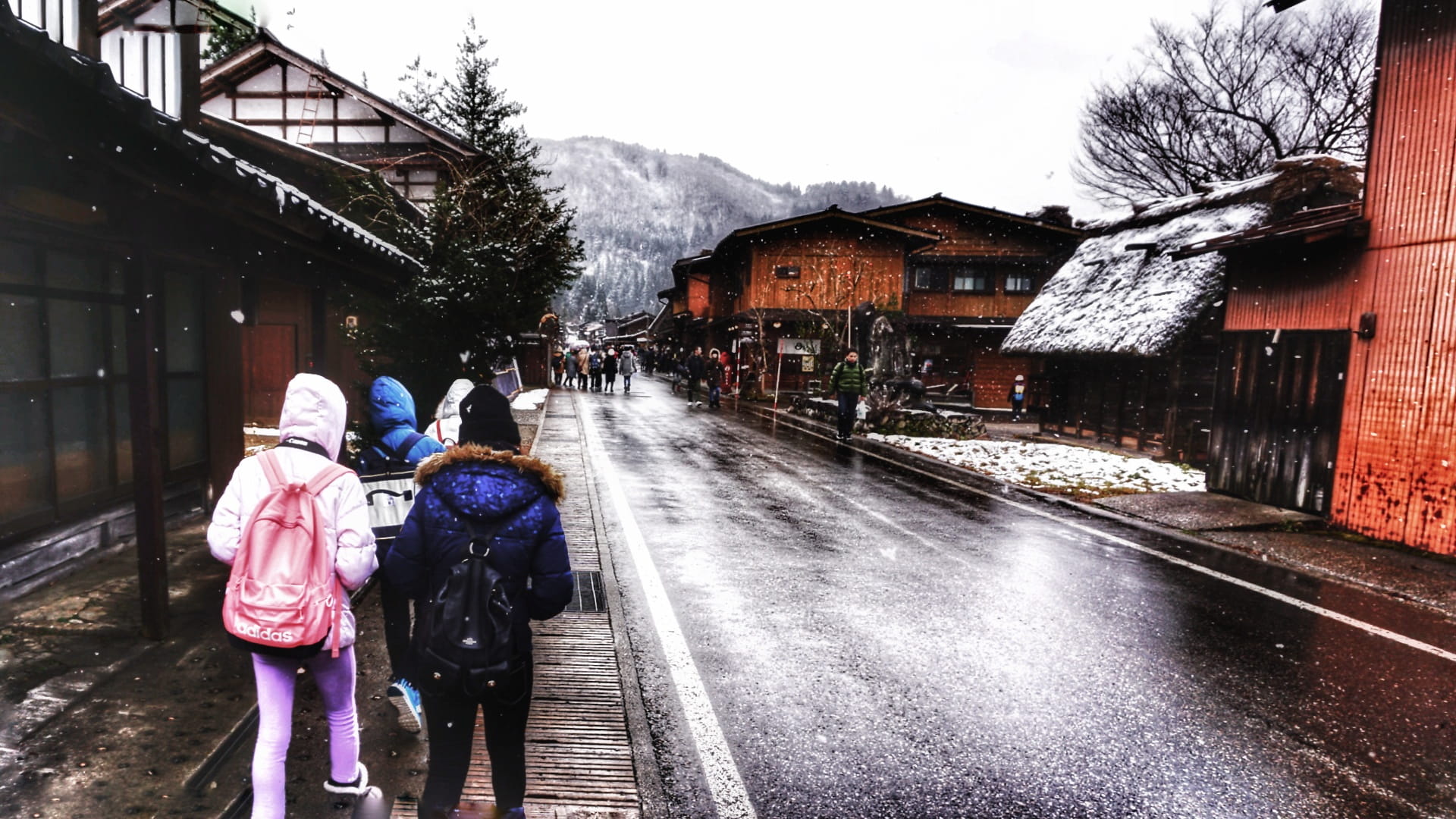 group, buildings, walking, snowing, girls, three, town, building exterior, transportation, travel, cold temperature, street, wood, trees, old building, HD Wallpaper