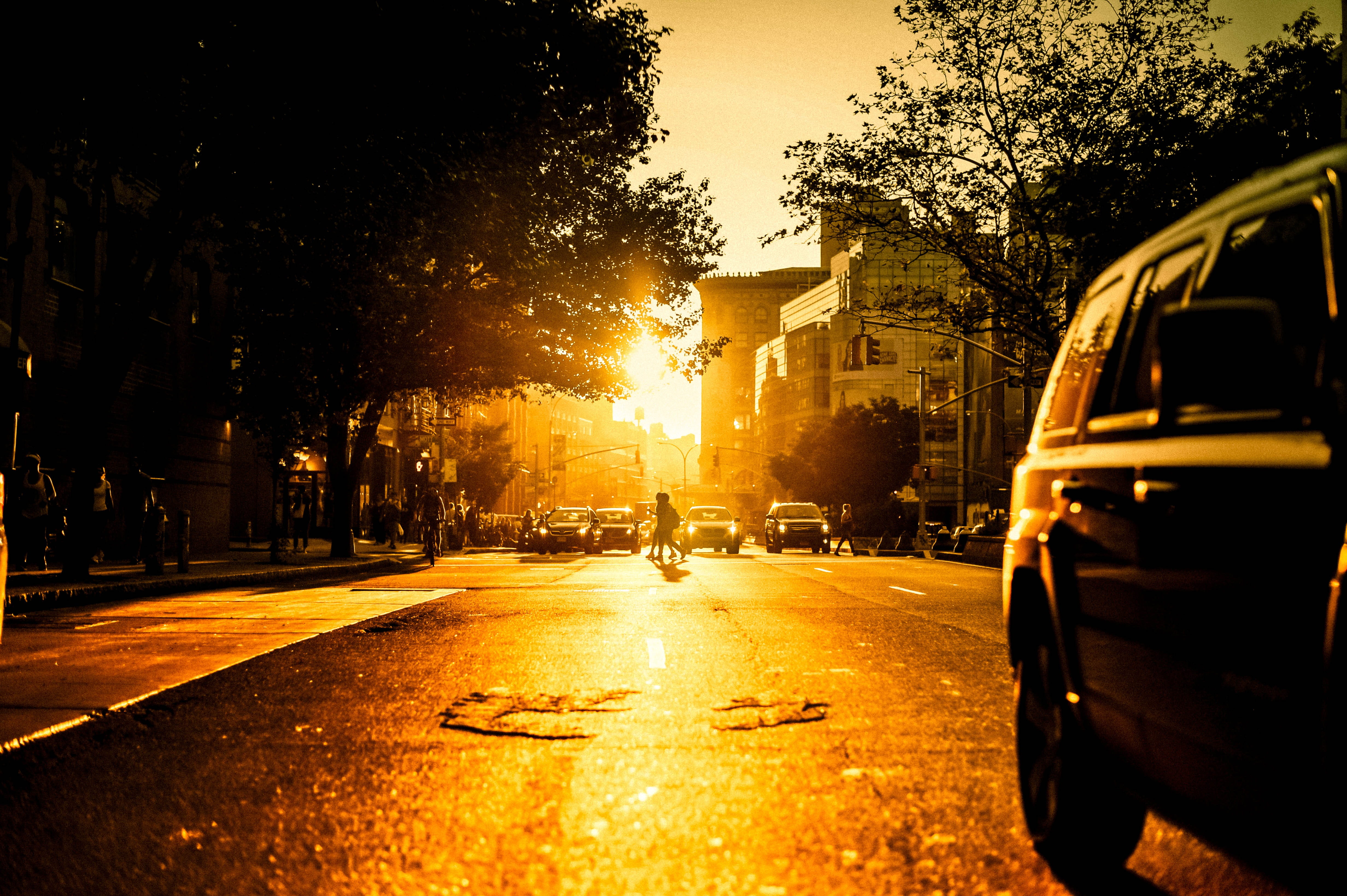 walking, city, vehicles, car, tree, hour, person, city life, architecture, motor vehicle, the way forward, 4K, sunlight, land vehicle, sunset, nature, HD Wallpaper