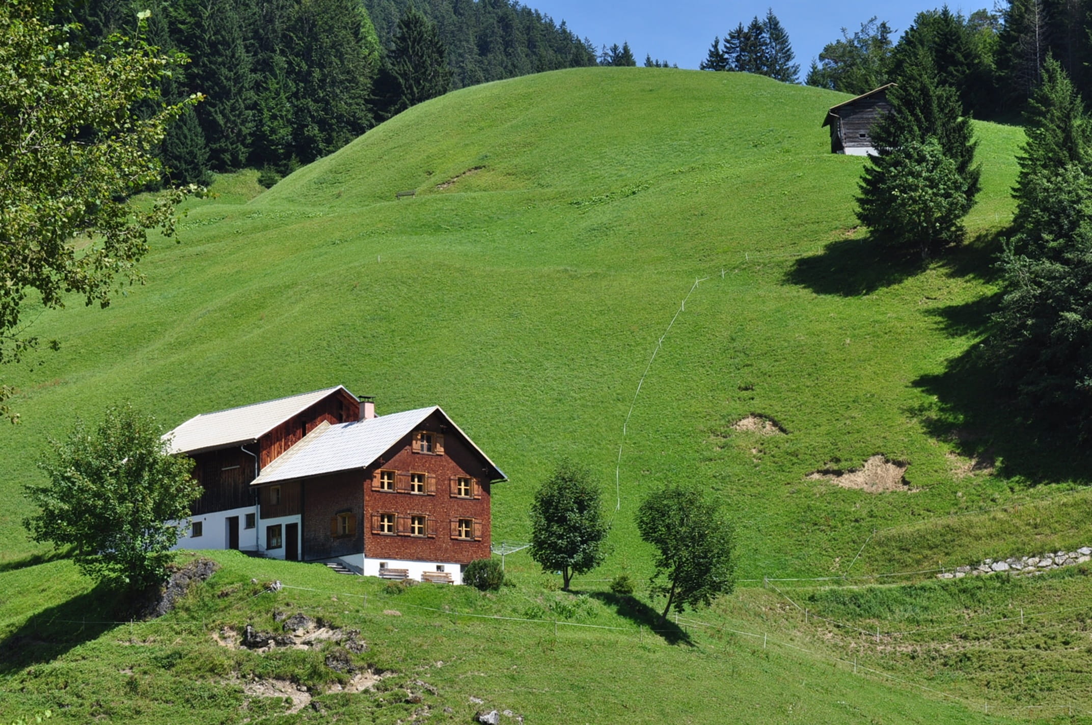 sunlight, Berghaus, built structure, nature, 1080P, Mountains, Home, architecture, field, hut, austria, cottage, plant, grass, tree, house, beauty in nature, HD Wallpaper