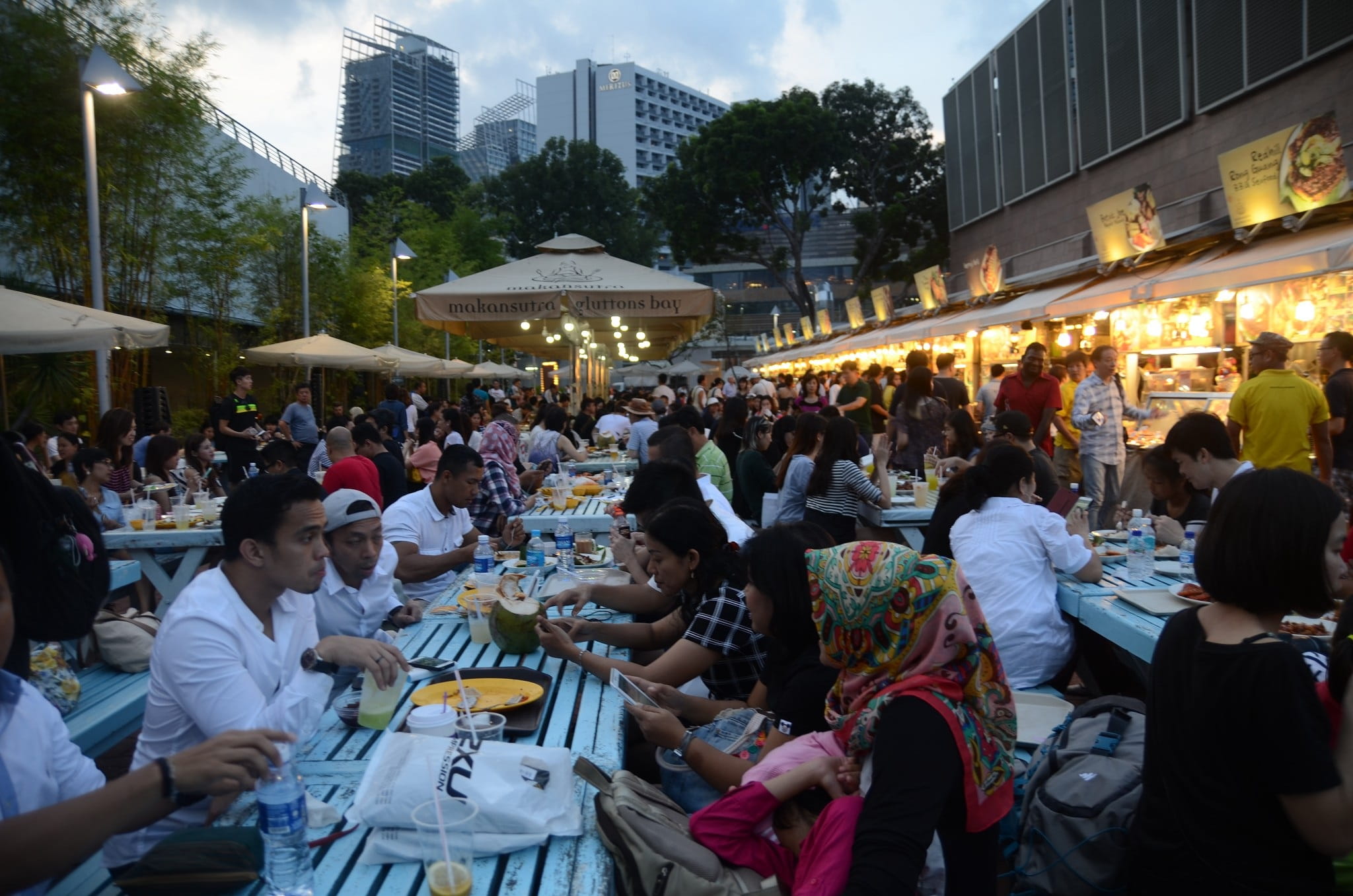 street market, architecture, adult, city, illuminated, men, table, real people, Dining Room, business, People, marina bay sands, city life, lifestyles, HD Wallpaper