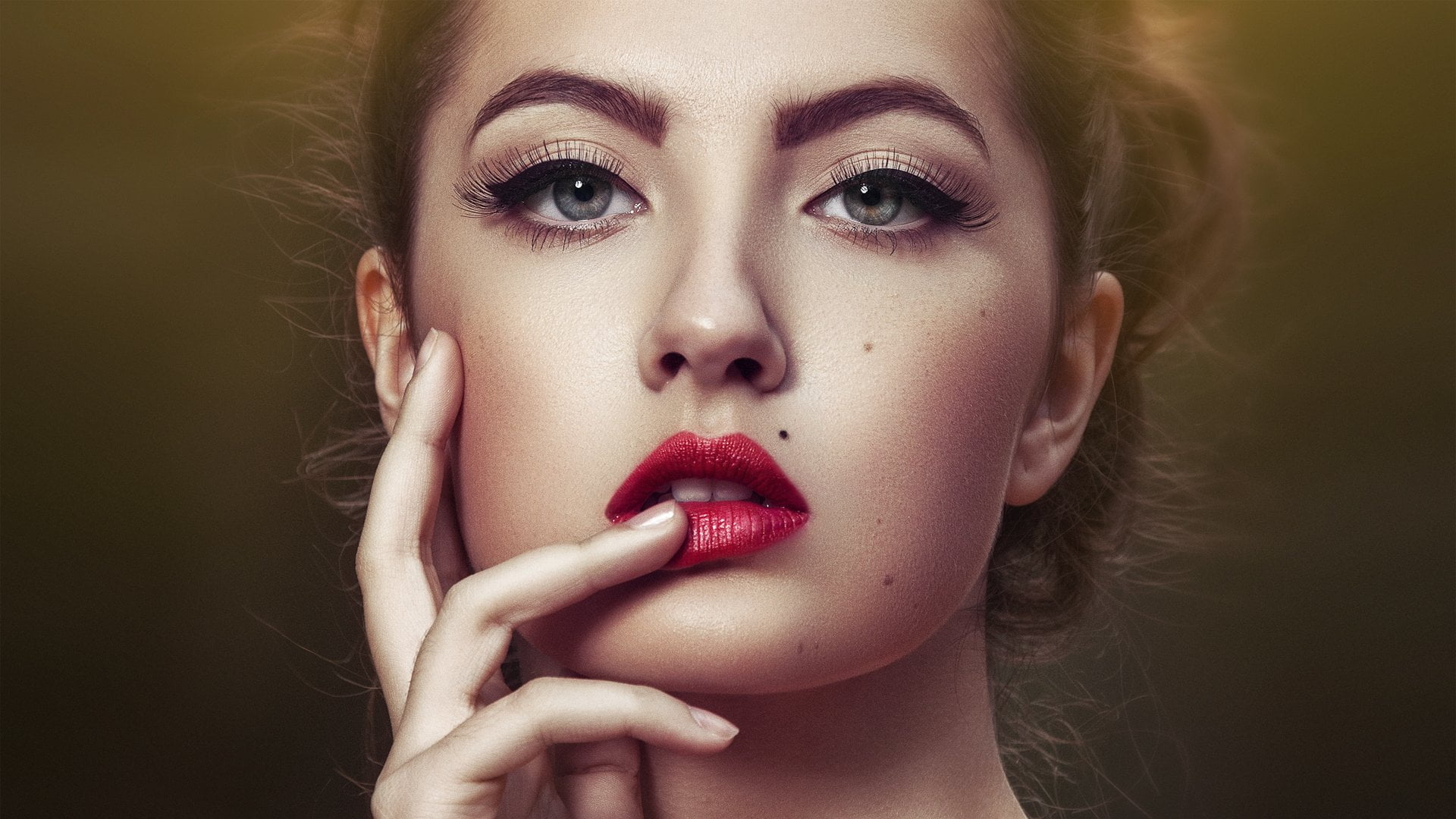 photography, face, finger on lips, lady blue red colors beautiful, 1080P, portrait, closeup, women, HD Wallpaper