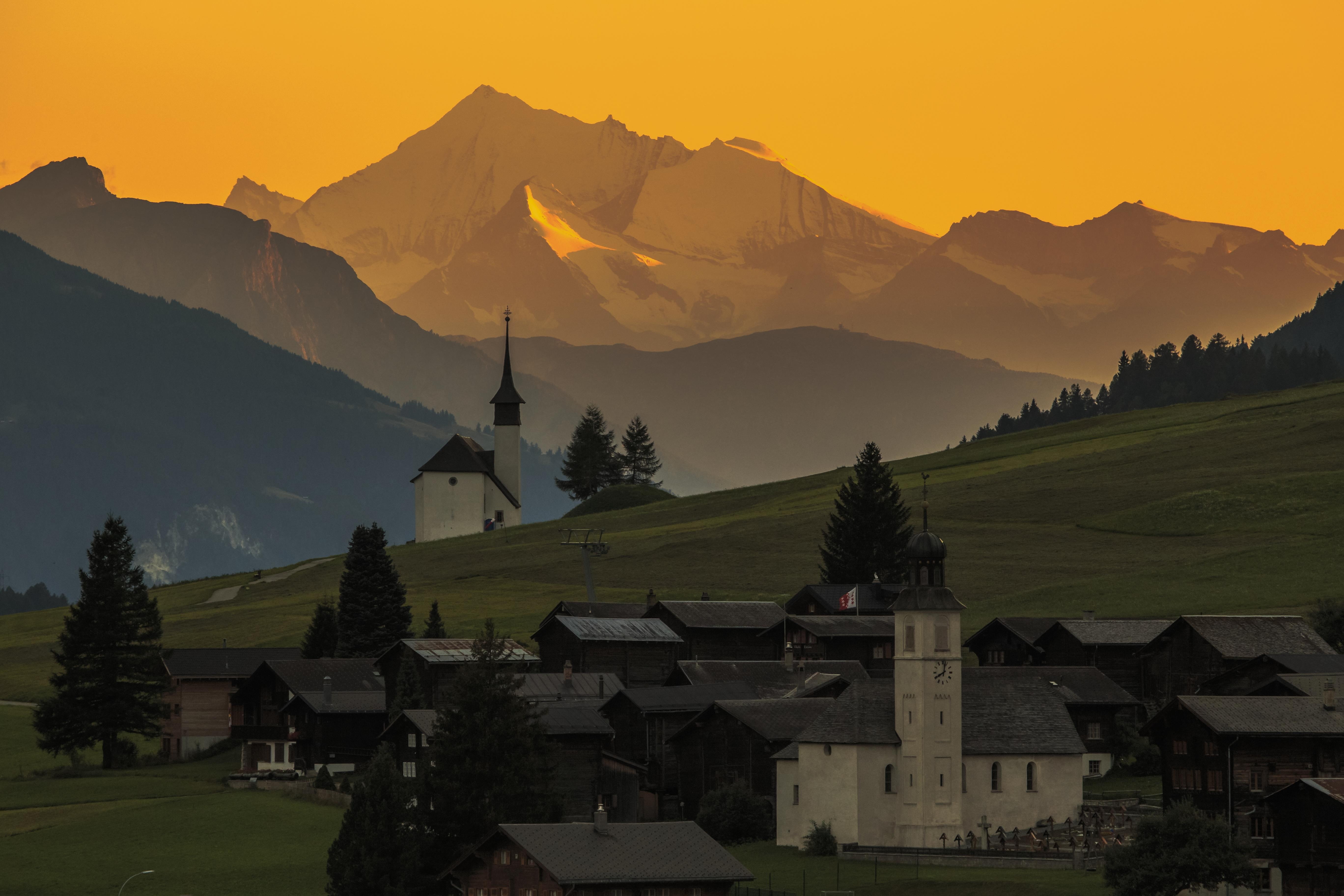 europe, ranges, mountain, landscape, beauty in nature, mountain range, concrete, sunset, sky, building exterior, building, plant, 6d, white, schweiz, house, HD Wallpaper