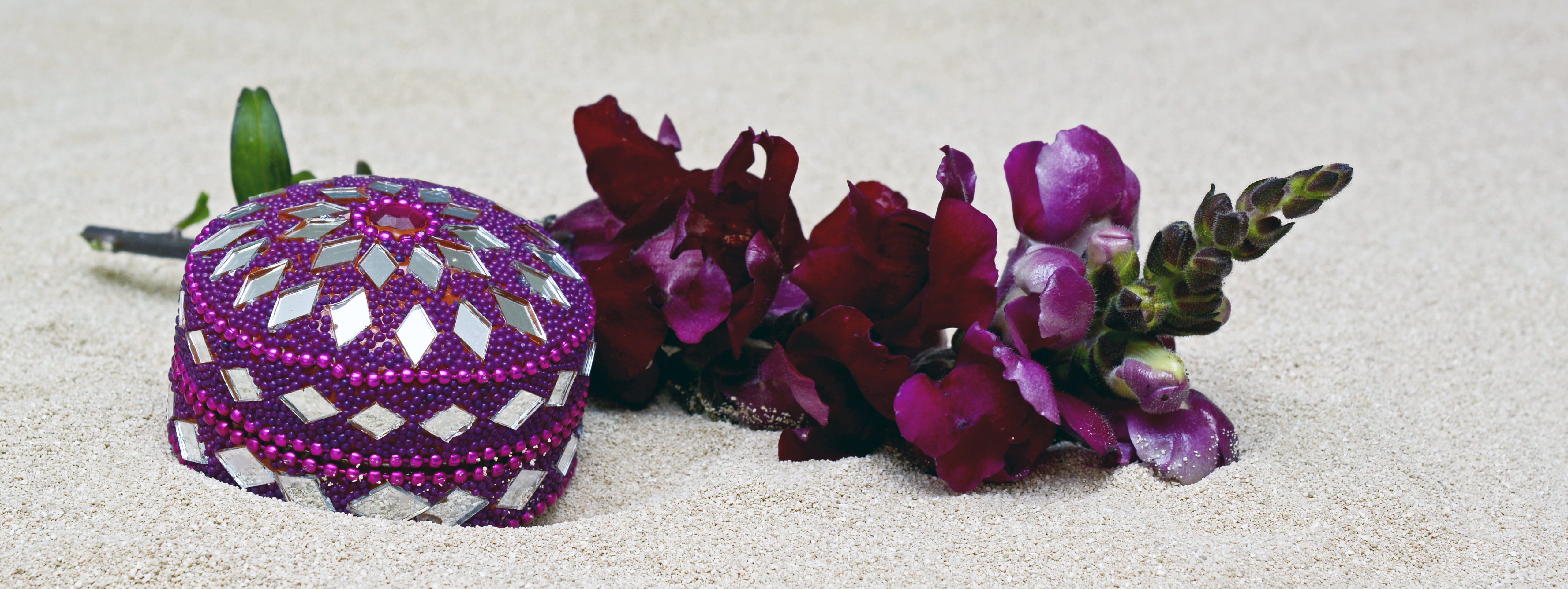 fine, violet, flower, treasure, shine, decor, sunlight, beauty in nature, sparkle, beside, jewelry box, decoration, sand, still life, nature, case, header, HD Wallpaper