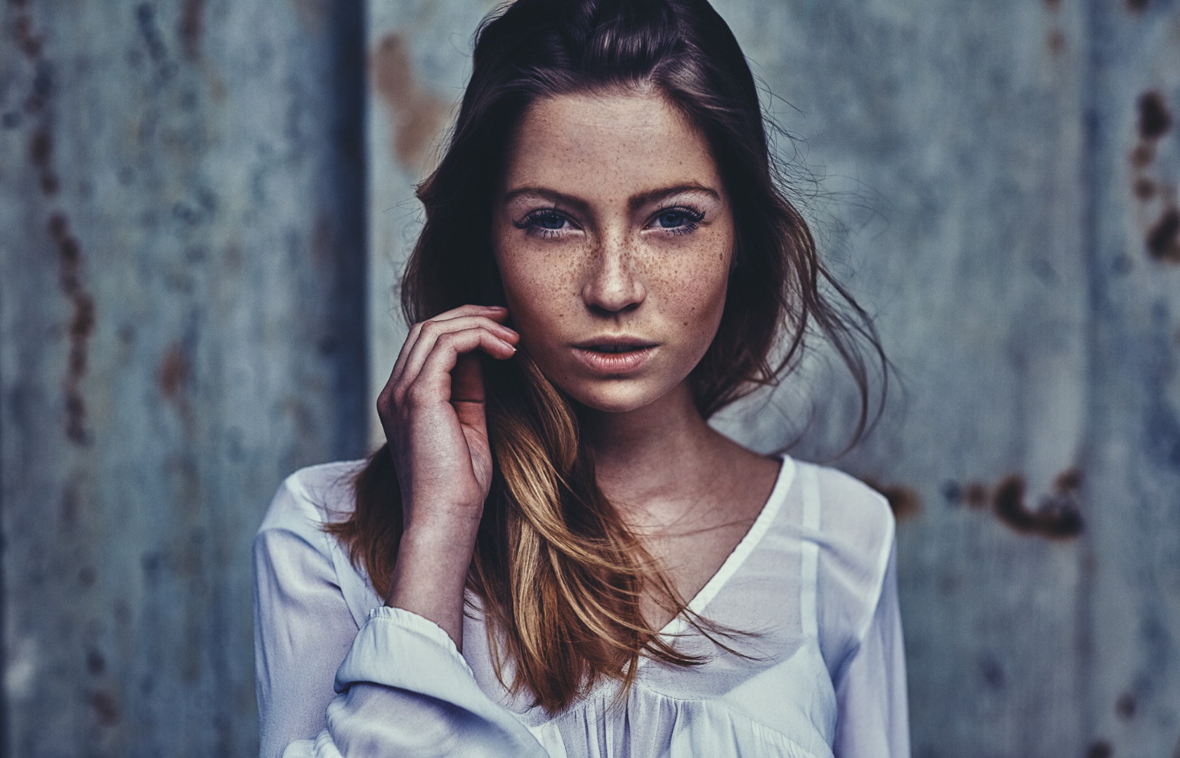 Martin Strauss, portrait, freckles, model, face, women, 720P, HD Wallpaper