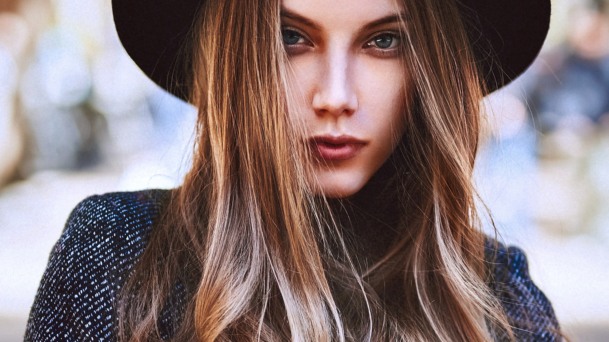long hair, 1080P, blonde, model, Martin Strauss, straight hair, hat, face, looking at viewer, women, portrait, HD Wallpaper