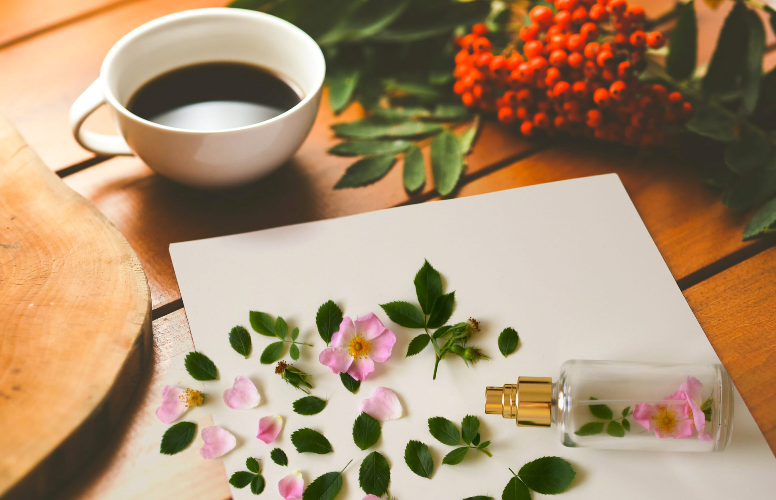 refreshment, mug, hot drink, bottle, cosmetics, pink, nature, rose, freshness, no people, scene, coffee cup, pink flower, paper, flower head, table, perfume, HD Wallpaper