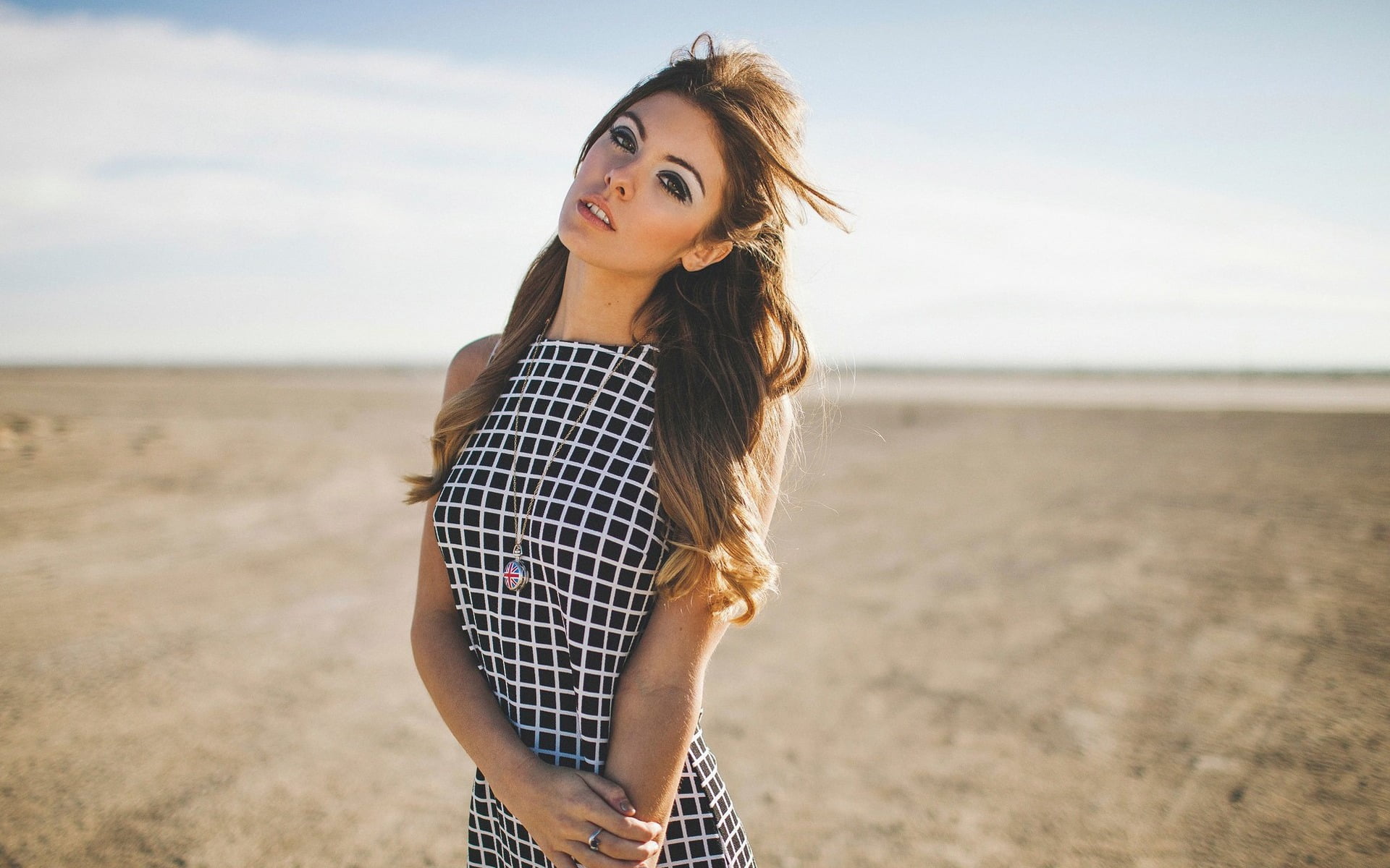 dress, brown eyes, adult, one person, young women, land, looking at viewer, beautiful woman, brunette, hair, sky, long hair, young adult, women, portrait, HD Wallpaper