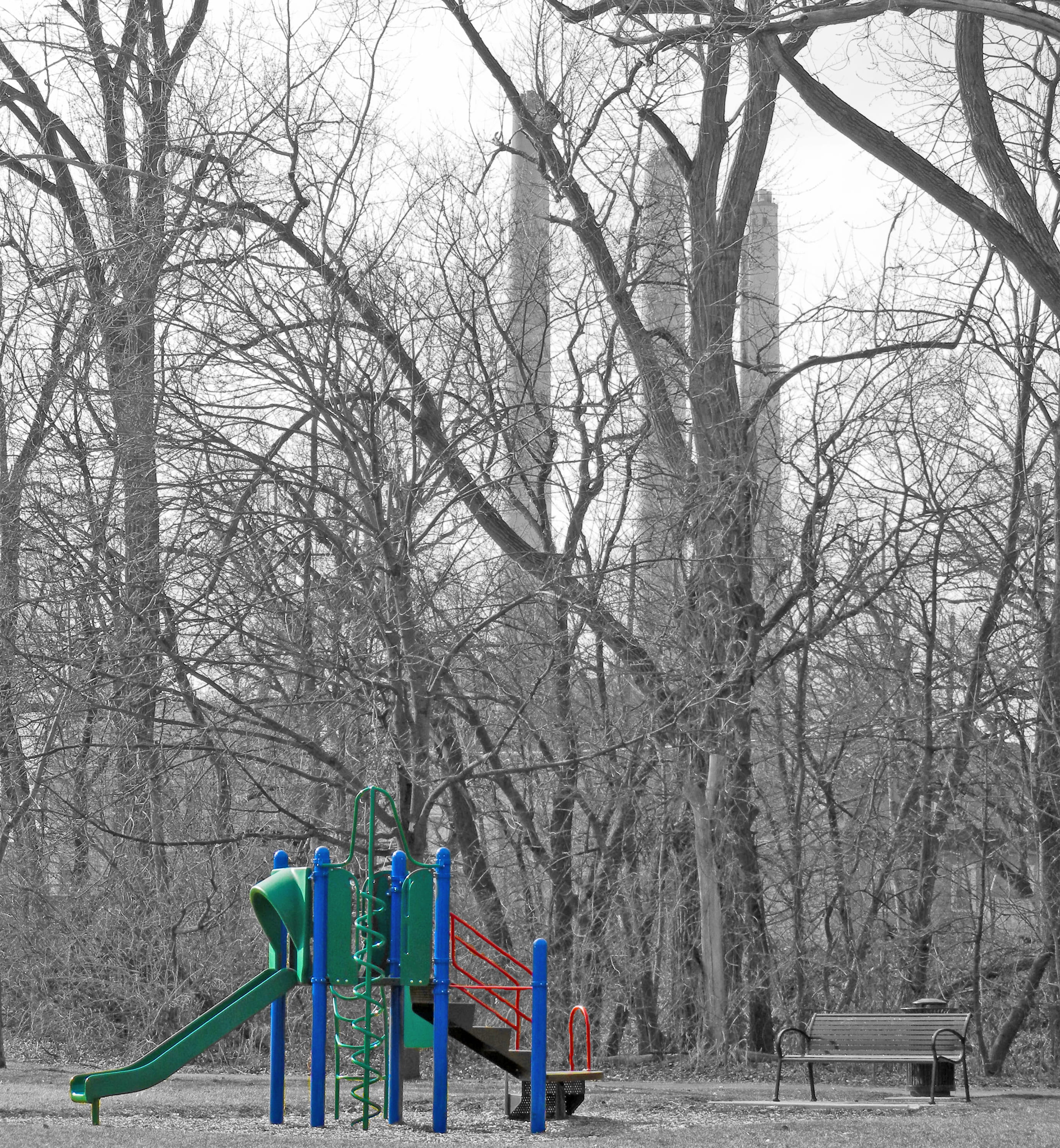 park - man made space, nature, tranquil scene, bare tree, outdoors, railing, smoke stacks, park, 2K, urban, industrial, plant, barrier, scenics - nature, Phone HD Wallpaper