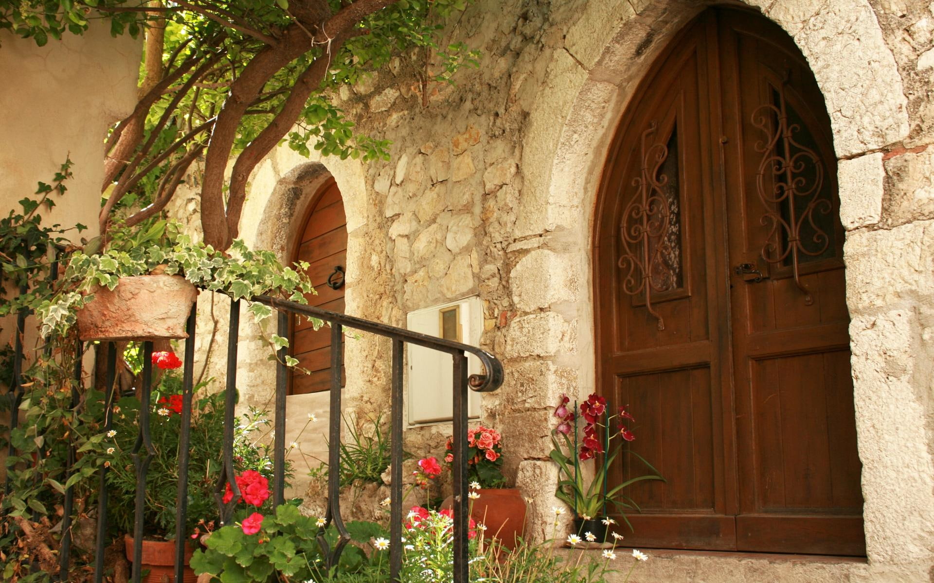 village, flowers, animals, eze, 1080P, door, HD Wallpaper