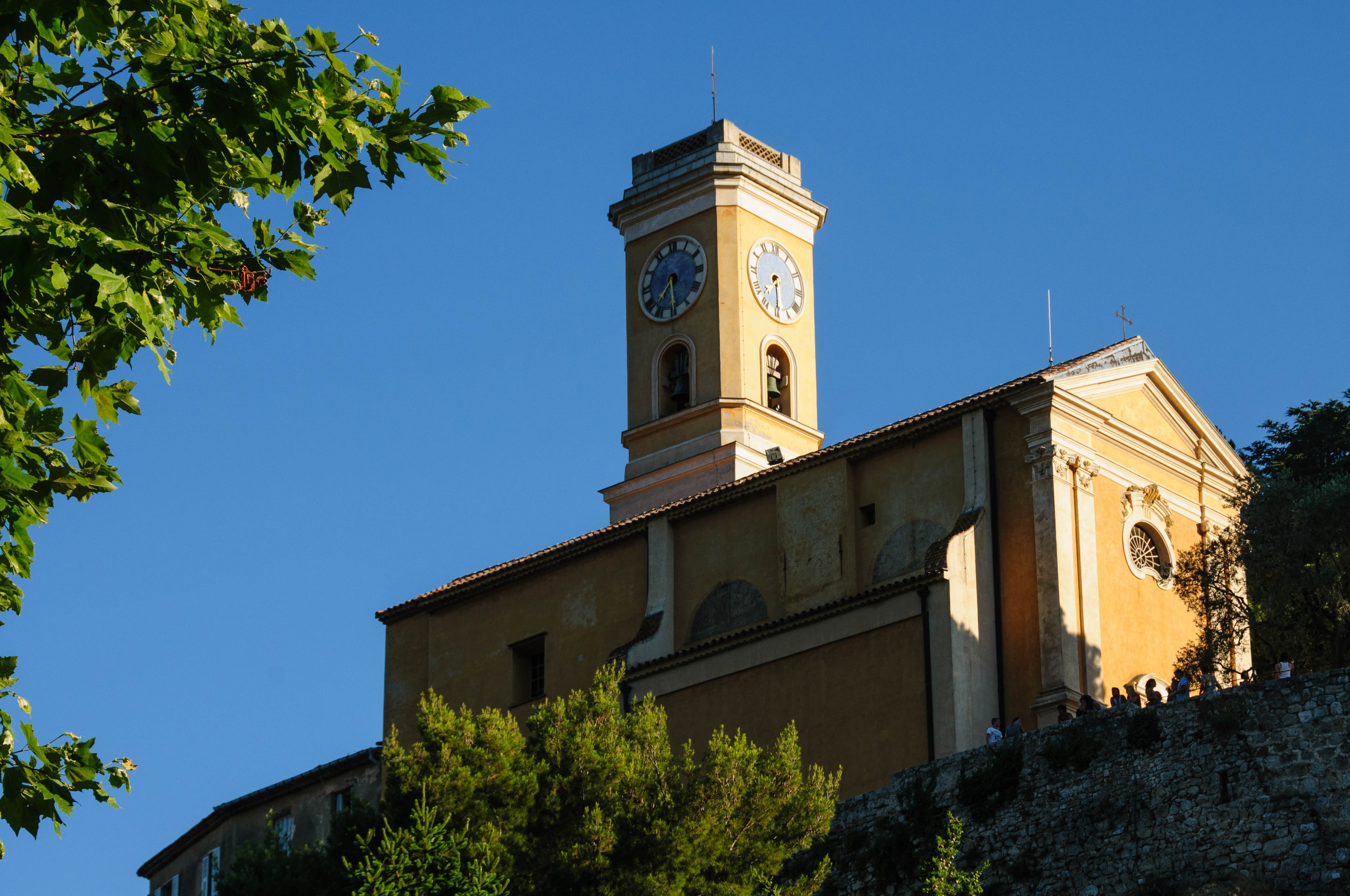 eze, clock, belief, outdoors, house of worship, contrast, sky, low angle view, religion, france, architecture, no people, building, tree, yellow, built structure, HD Wallpaper
