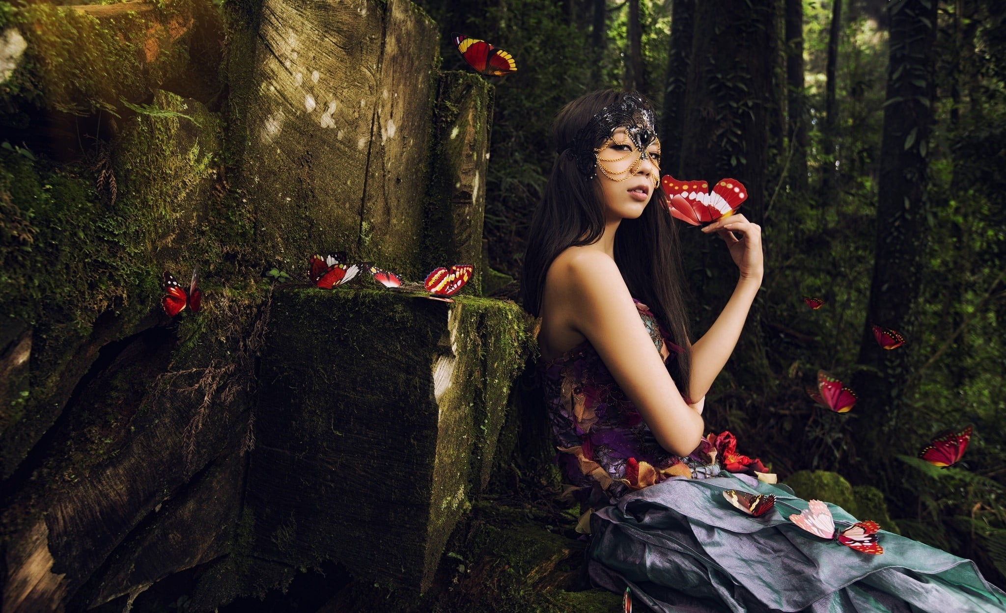 red, looking at camera, outdoors, beautiful people, nature, off shoulder, model, women, one person, clothing, hairstyle, forest, plant, adult, 1080P, portrait, HD Wallpaper