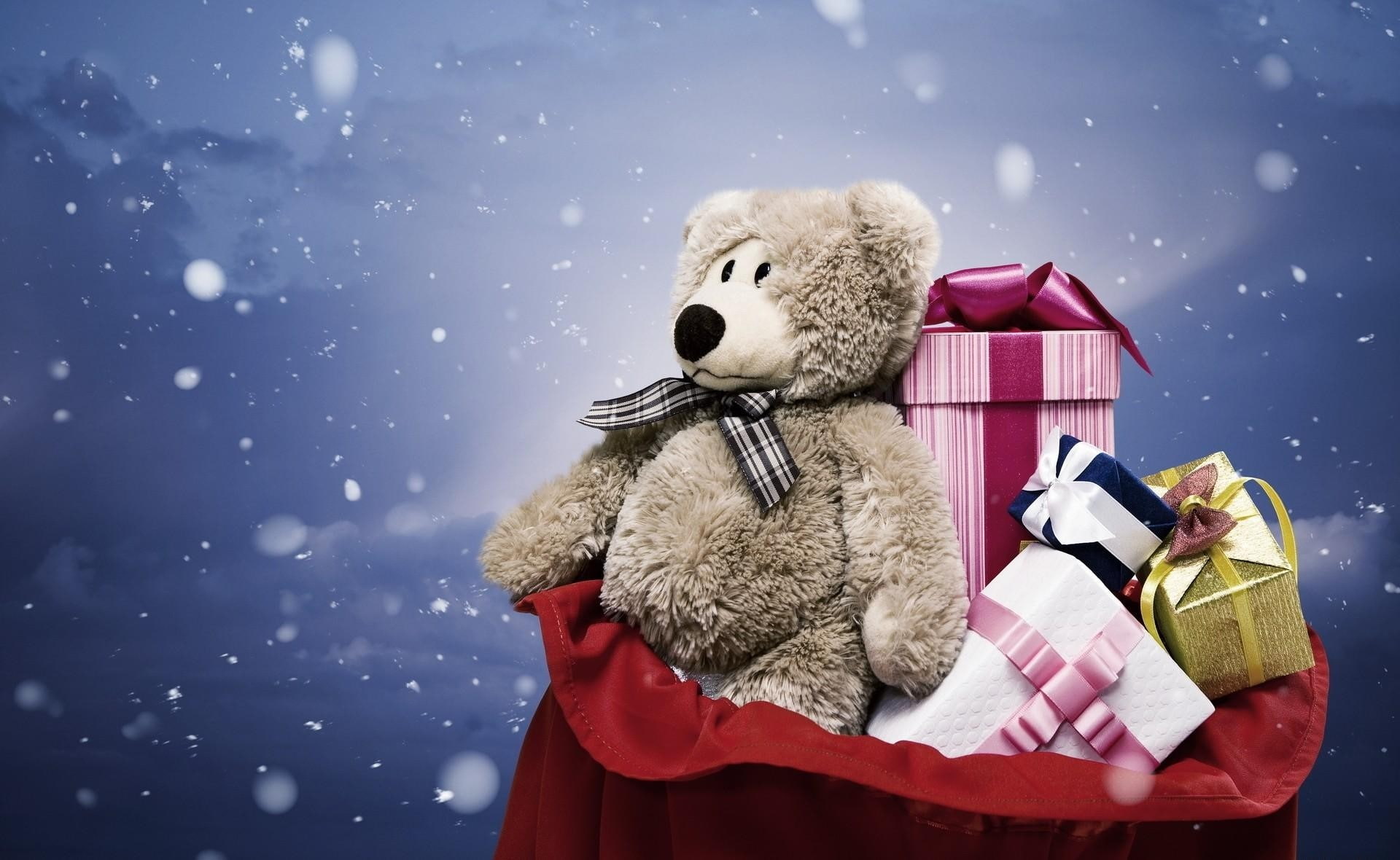 still life, cold temperature, christmas ornament, box, indoors, 1080P, Christmas, winter, Snow, childhood, holiday - event, teddy bear, scarf, New year, HD Wallpaper
