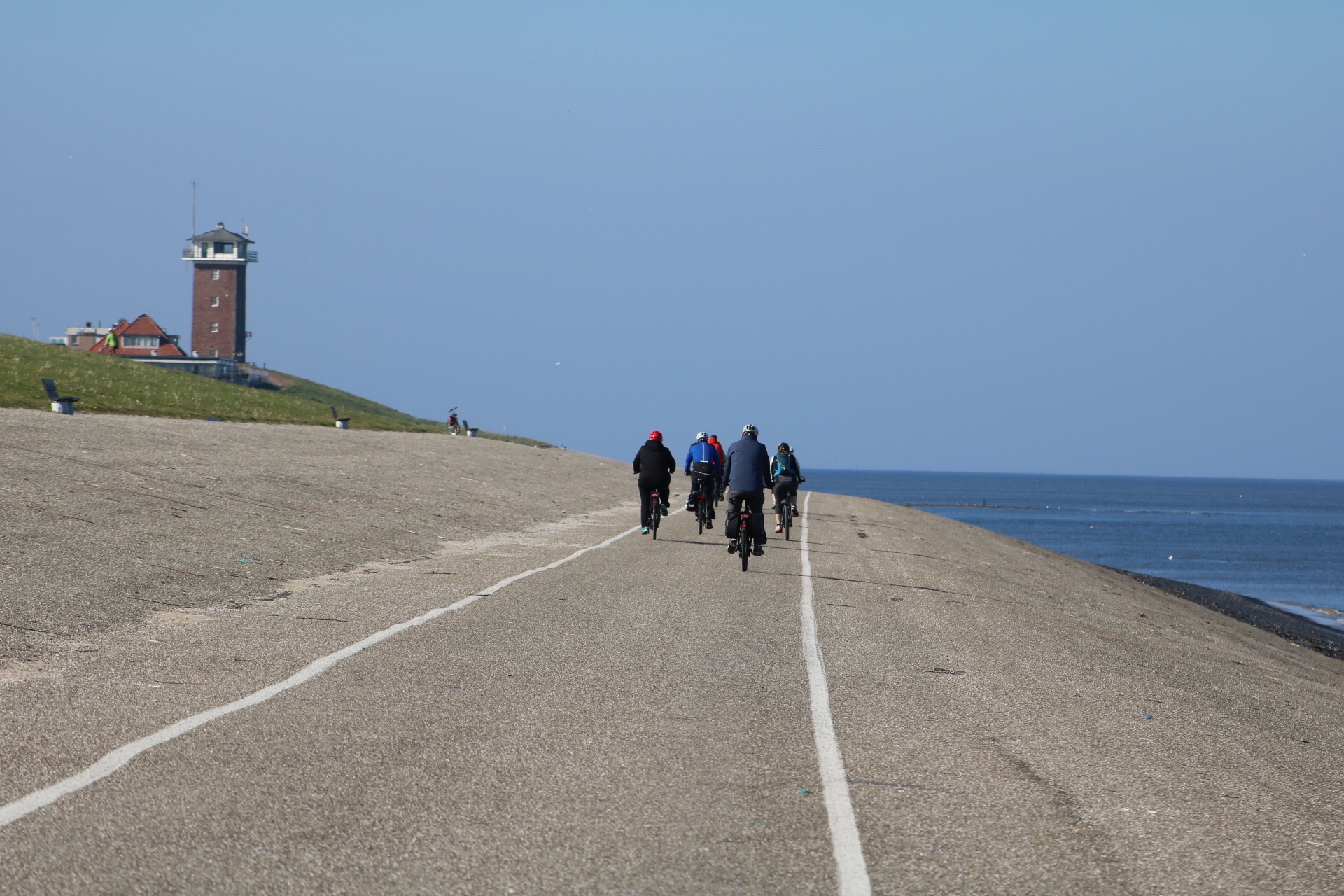 low country, horizon over water, coast, north sea, cycle path, sky, 1080P, clear sky, nature, horizon, cyclists, day, built structure, texel, levee bike path, HD Wallpaper