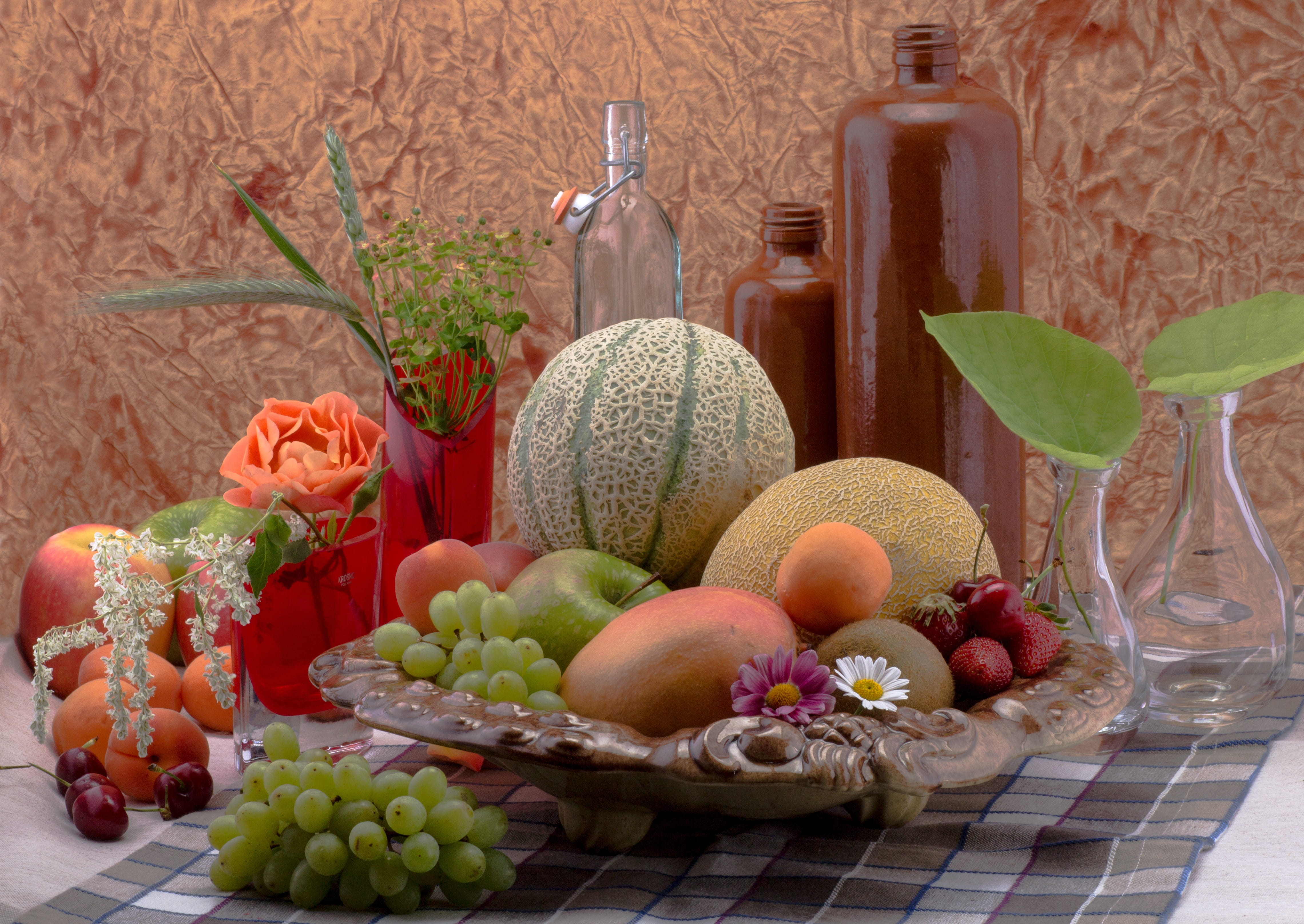 decor, vegetable, freshness, nature, flowers, basket, healthy eating, assorted, melons, citrus fruit, grape, deco, candle, decoration, household equipment, HD Wallpaper