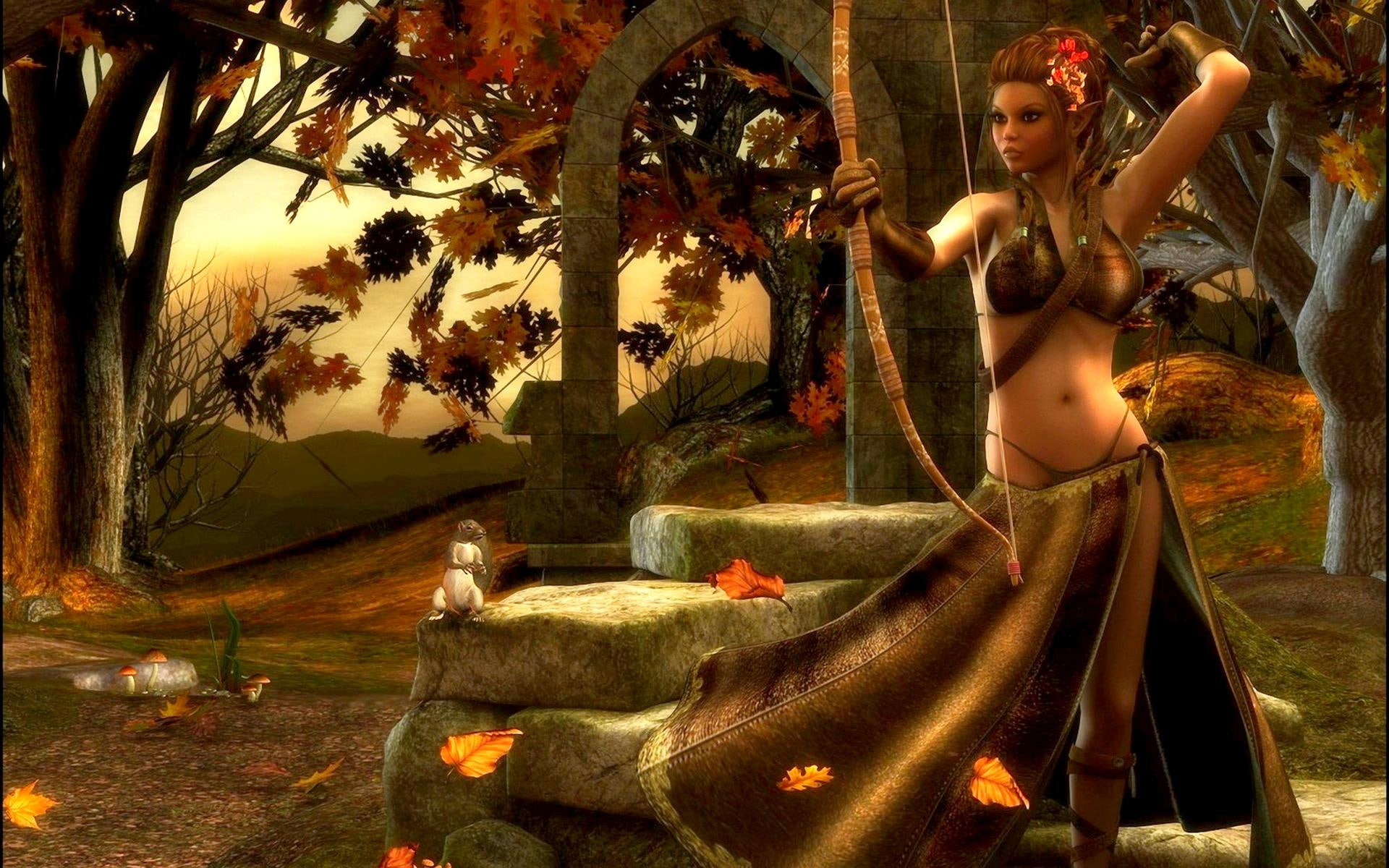 archer, girl, protein, trees, stones, 1080P, 3d and abstract, autumn, forest, HD Wallpaper