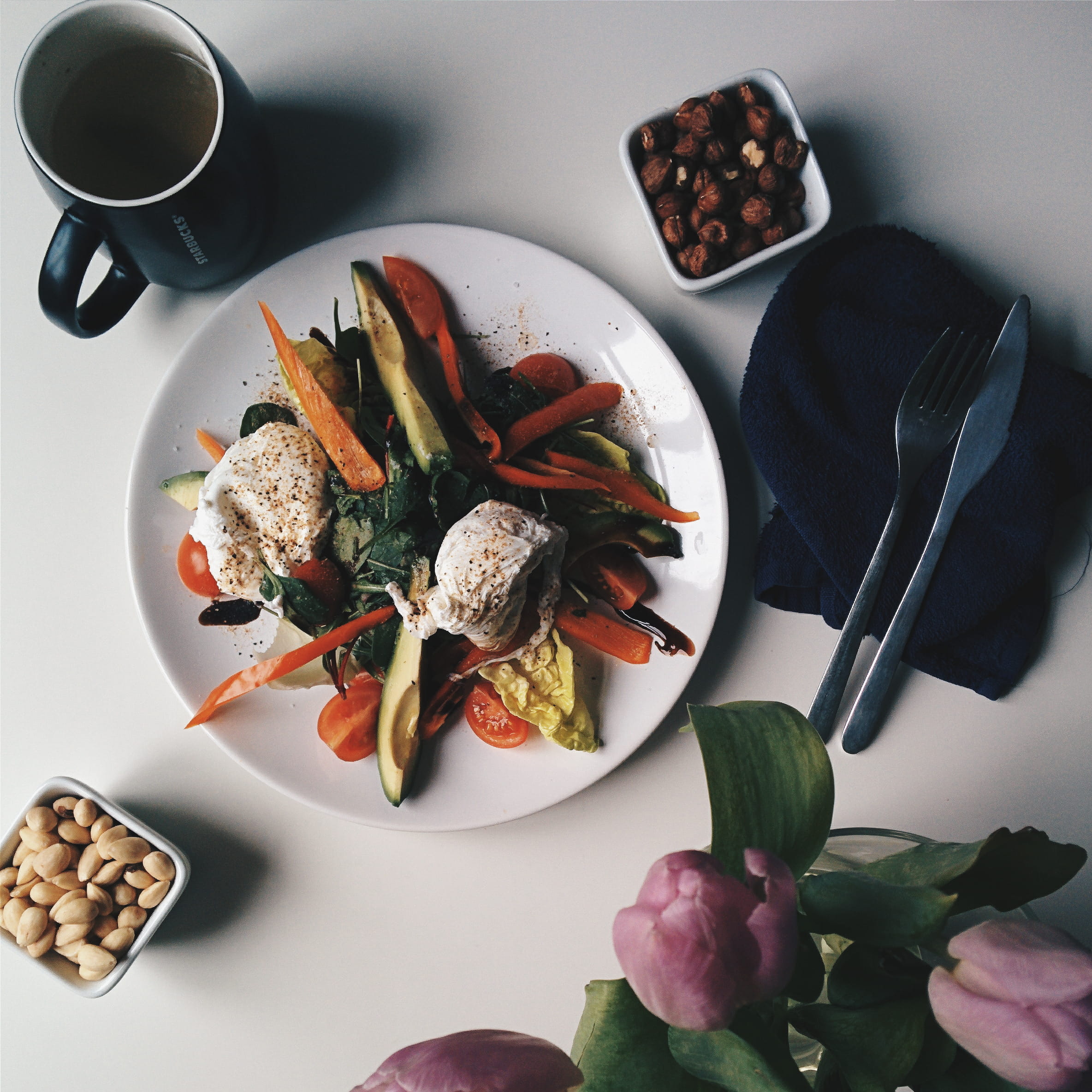 healthy Eating, crockery, breakfast, meal, mug, vegetable, 1080P, eating utensil, food And Drink, drink, table knife, eggs, food, high angle view, hazelnuts, Phone HD Wallpaper