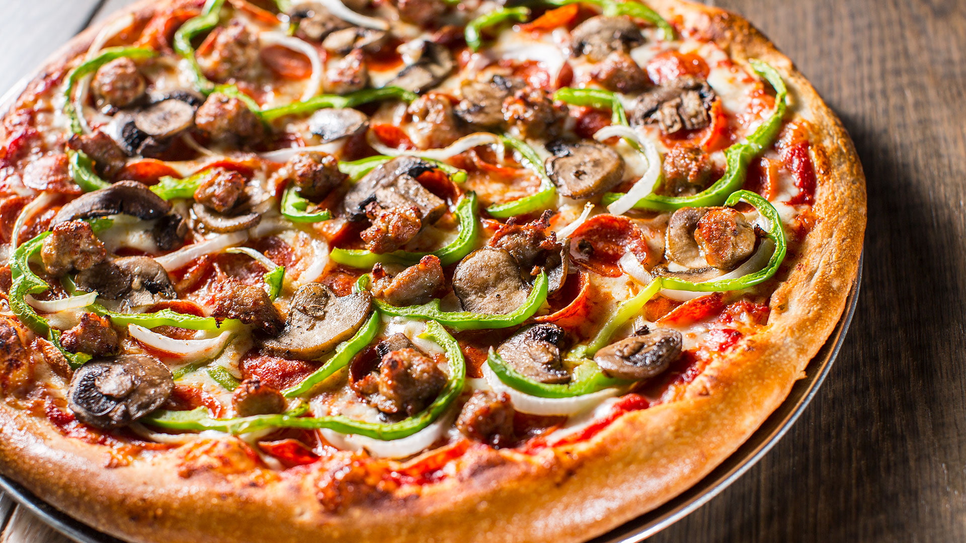 food, no people, pizza, vegetable, meat, table, herb, food and drink, cheese, wood - material, mushroom, dinner, pie, freshness, dairy product, italian food, HD Wallpaper