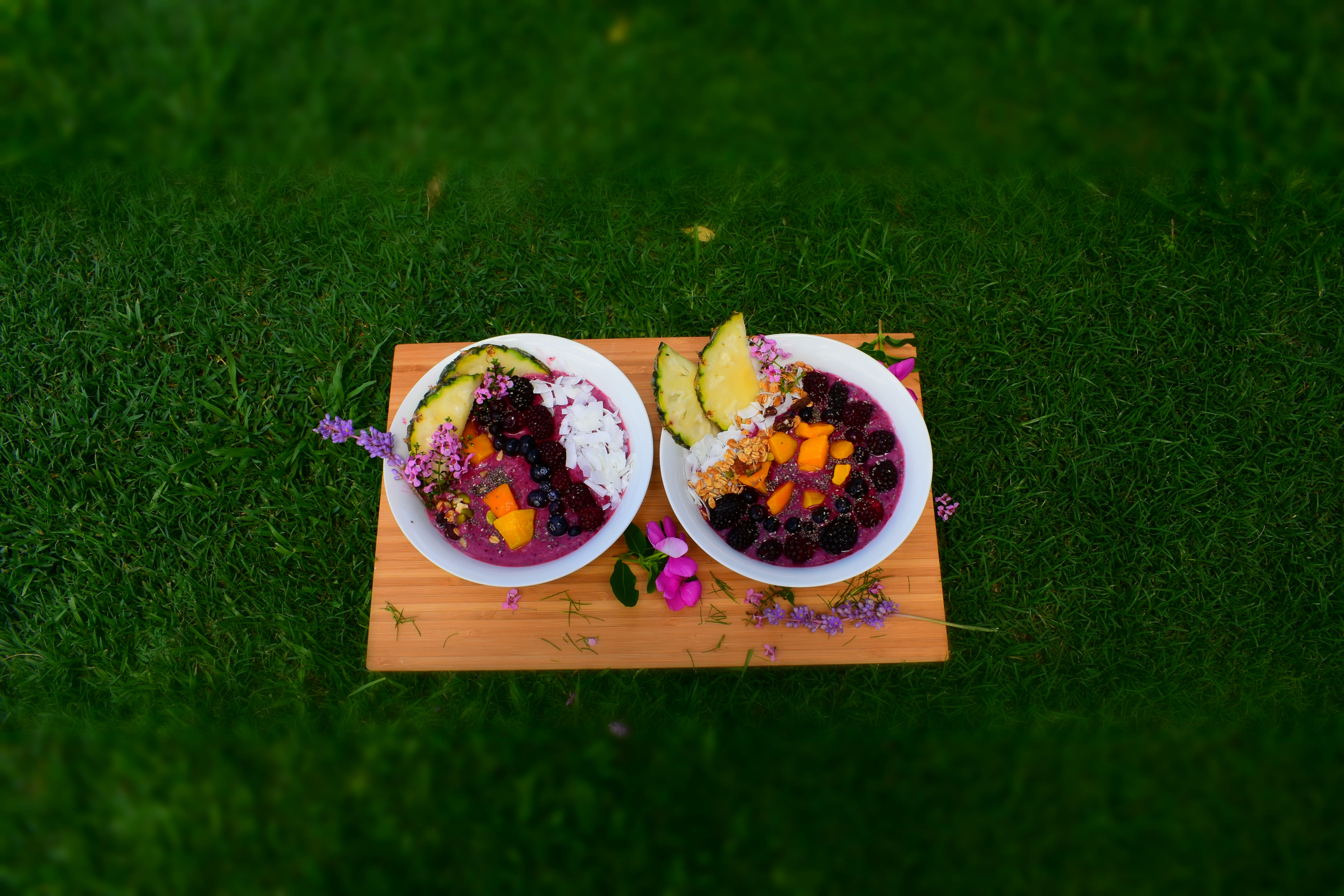high angle view, acai bowl, container, growth, day, food photography, food, colour, ready-to-eat, outdoors, field, 5K, no people, food and drink, pinapple, HD Wallpaper